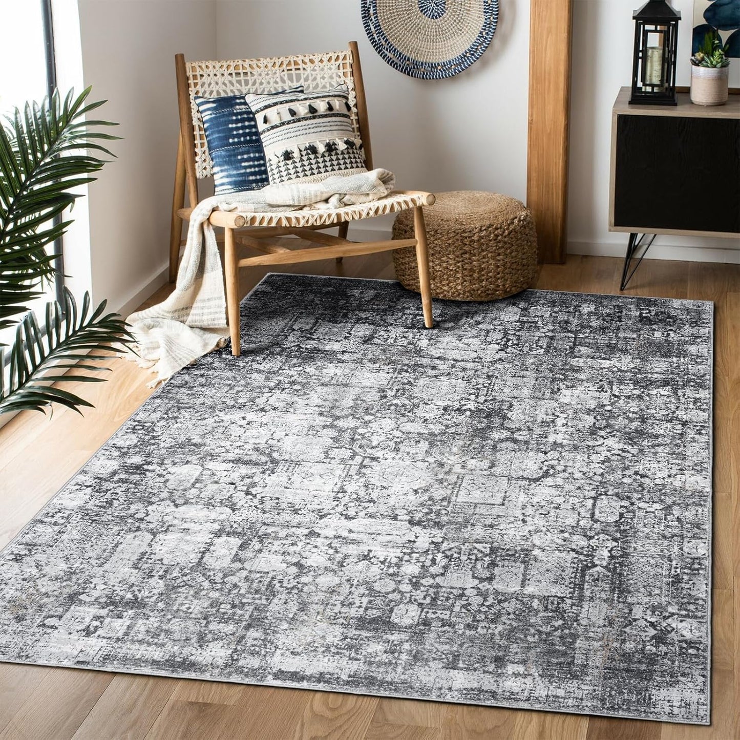Area Rug 5×7, Vintage Boho Rug,Ultra-Soft Low Pile, Washable, Non Slip,Stain Resistant Printed Carpet for Living Room Bedrooms Playroom Office Kitchen, Light Blue