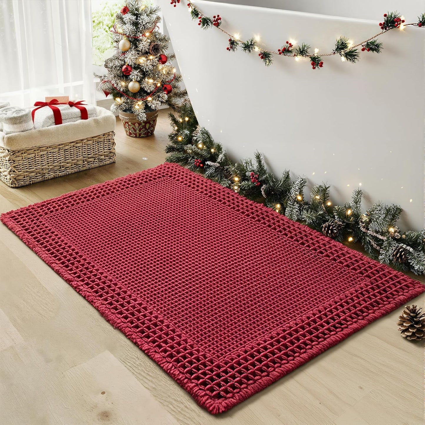 RESARE Waffle Bathroom Runner Rugs, Super Absorbent Bath Mat Non Slip Washable Quick Dry, Upgraded Ultra Soft Boho Bath Rugs with Tassels for Hallway Bedroom Laundry Room, 2'x6'(24"x72"), Brown