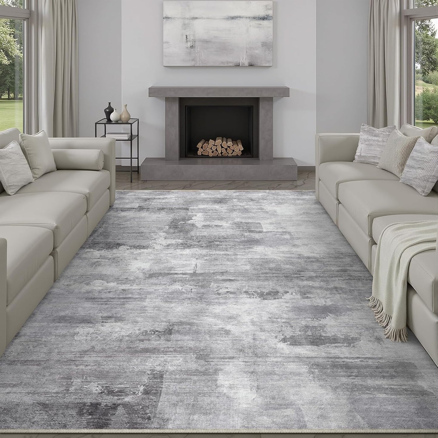 5x7 Washable Area Rug Grey Abstract Modern Living Room Bedroom Throw Rug Non Slip Soft Thin Simple Indoor Floor Carpet for Office Entryway Kitchen Nursery Home Decor