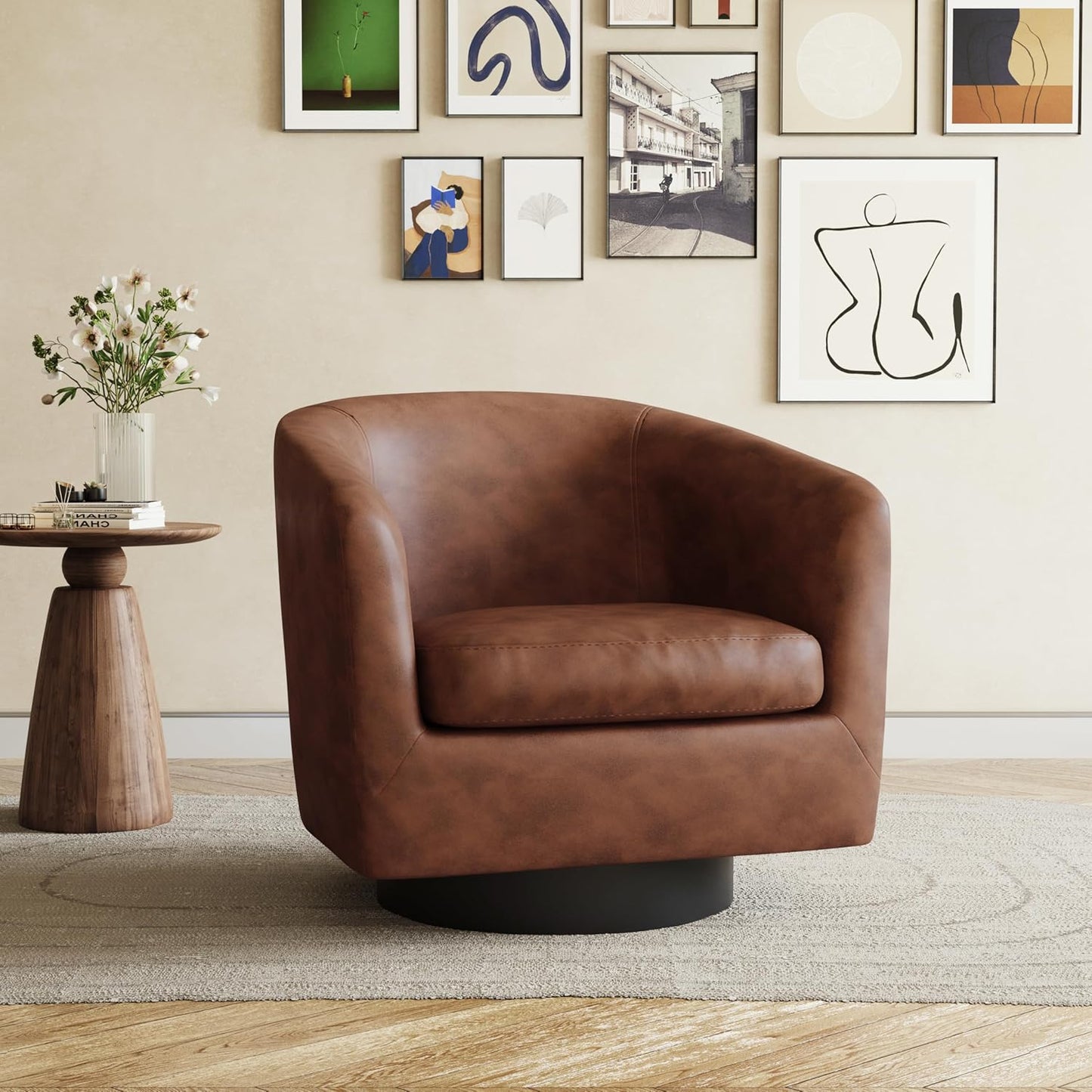 UIXE Swivel Accent Chairs Set of 2, Corduroy Barrel Club Chair Upholstered Armchair for Living Room, Round Arm Chair Bedroom Single Sofa Reading Seat - Camel