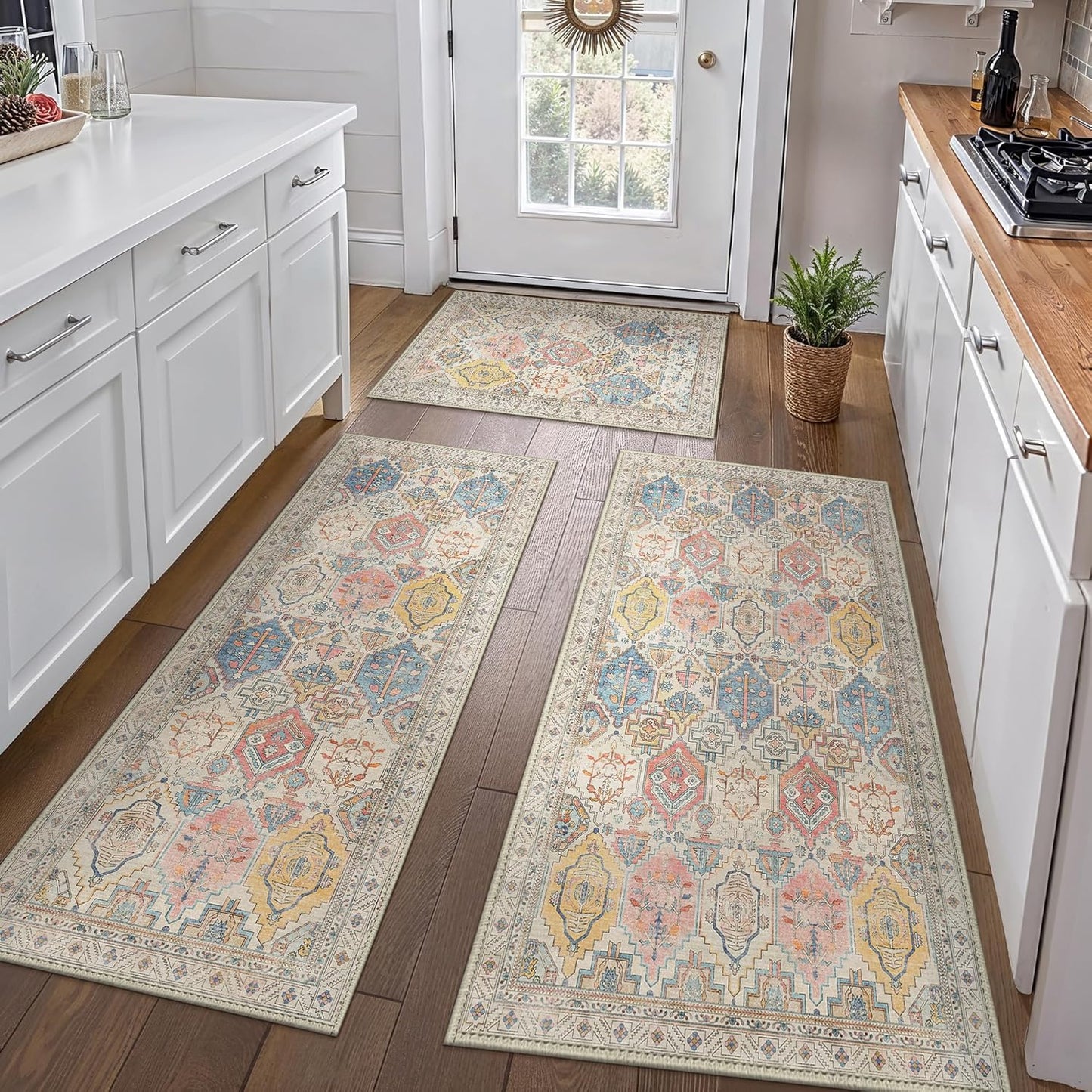GENIMO Kitchen Mats for Floor Set of 3 Non-Slip Washable, Waterproof Lightweight Kitchen Rugs, Kitchen Floor Mat Runner Rug Carpet for Laundry, Sink, Hallway, Bathroom, Entryway, Brown Green