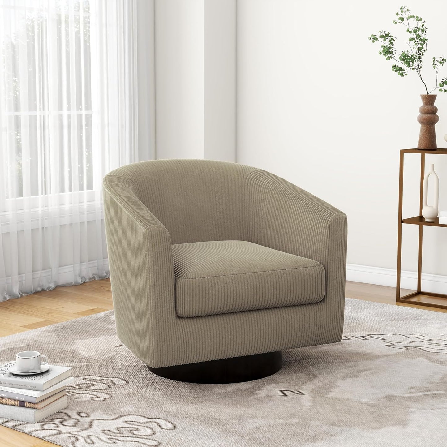 UIXE Swivel Accent Chairs Set of 2, Corduroy Barrel Club Chair Upholstered Armchair for Living Room, Round Arm Chair Bedroom Single Sofa Reading Seat - Camel