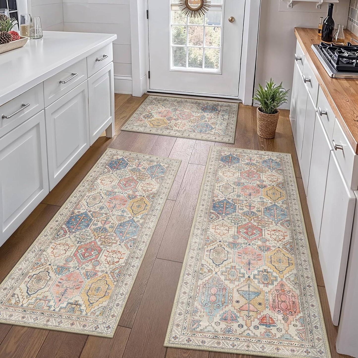 GENIMO Kitchen Mats for Floor Set of 3 Non-Slip Washable, Waterproof Lightweight Kitchen Rugs, Kitchen Floor Mat Runner Rug Carpet for Laundry, Sink, Hallway, Bathroom, Entryway, Brown Green