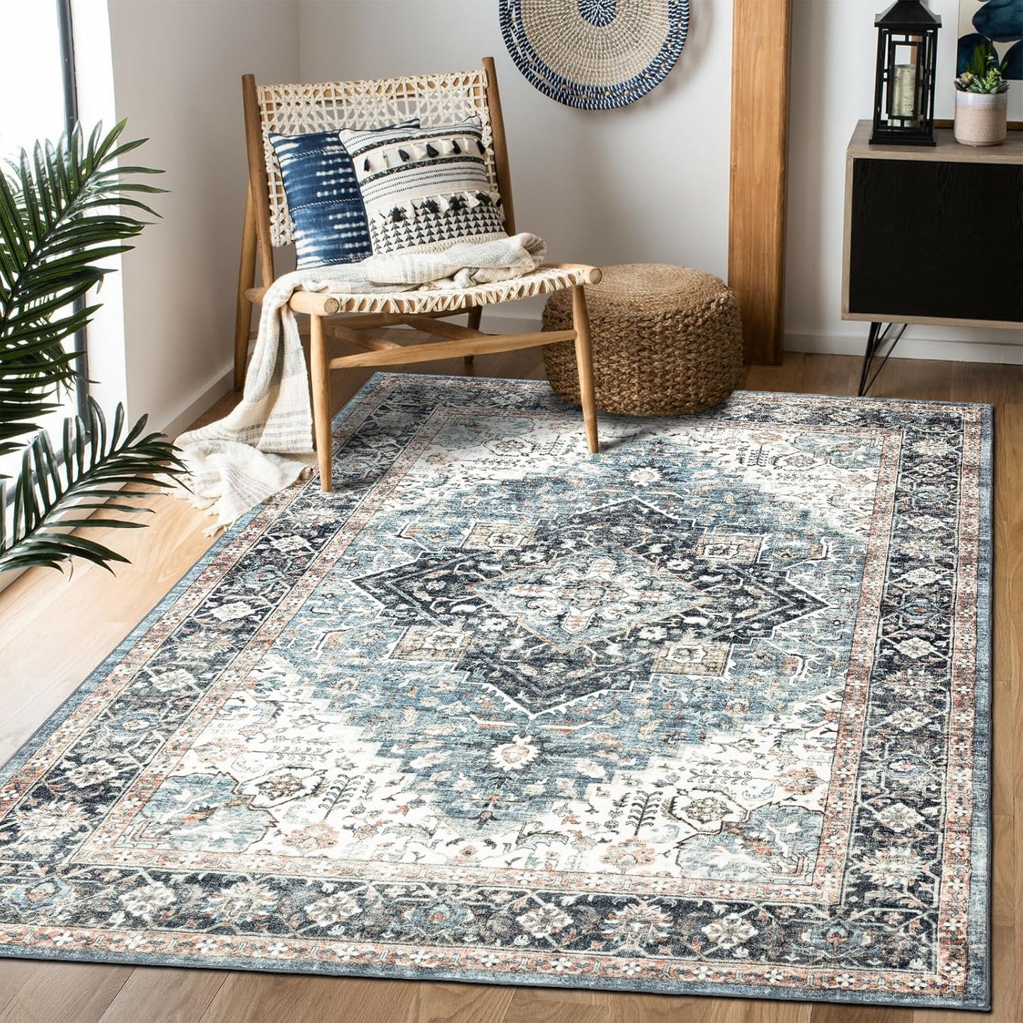 Area Rug 5×7, Vintage Boho Rug,Ultra-Soft Low Pile, Washable, Non Slip,Stain Resistant Printed Carpet for Living Room Bedrooms Playroom Office Kitchen, Light Blue