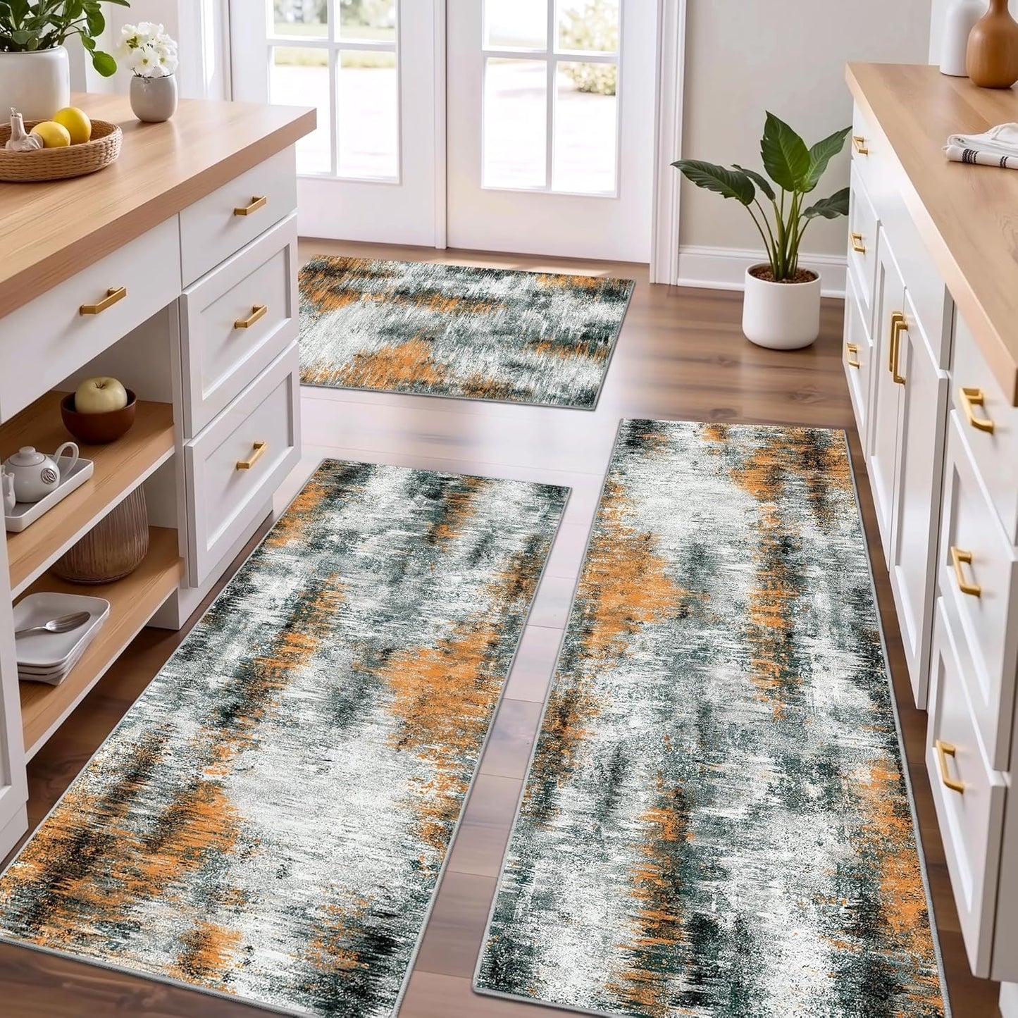 Tritard 100% Non Slip Kitchen Rugs Sets of 3 Washable Kitchen Mats for Floor Abstract Kitchen Runner Rug Soft Thick Floor Mat Set Kitchen Carpet Rugs for Hallway, Laundry, Entryway, Office, Grey