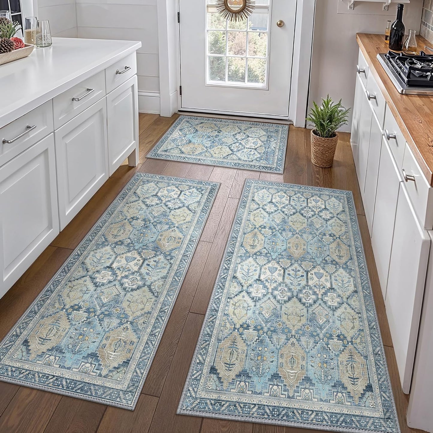 GENIMO Kitchen Mats for Floor Set of 3 Non-Slip Washable, Waterproof Lightweight Kitchen Rugs, Kitchen Floor Mat Runner Rug Carpet for Laundry, Sink, Hallway, Bathroom, Entryway, Brown Green