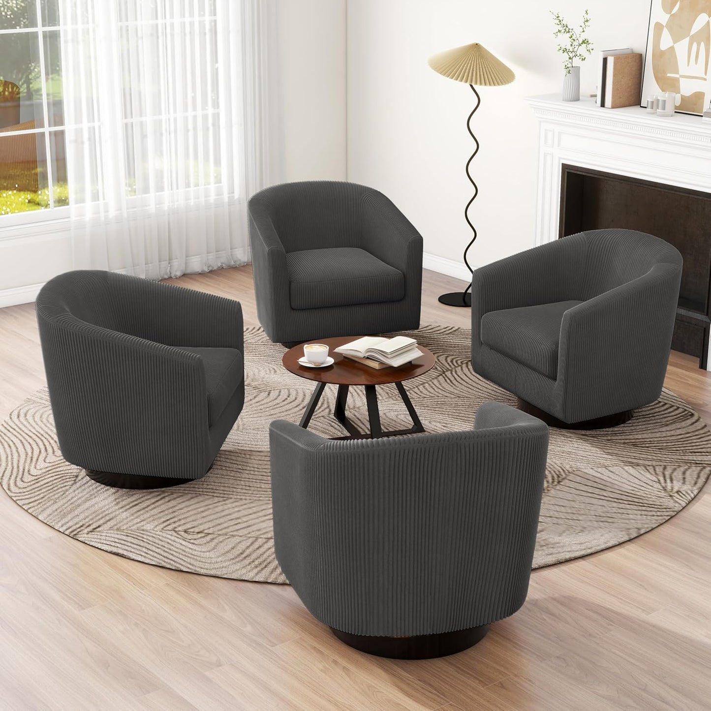 UIXE Swivel Accent Chairs Set of 2, Corduroy Barrel Club Chair Upholstered Armchair for Living Room, Round Arm Chair Bedroom Single Sofa Reading Seat - Camel