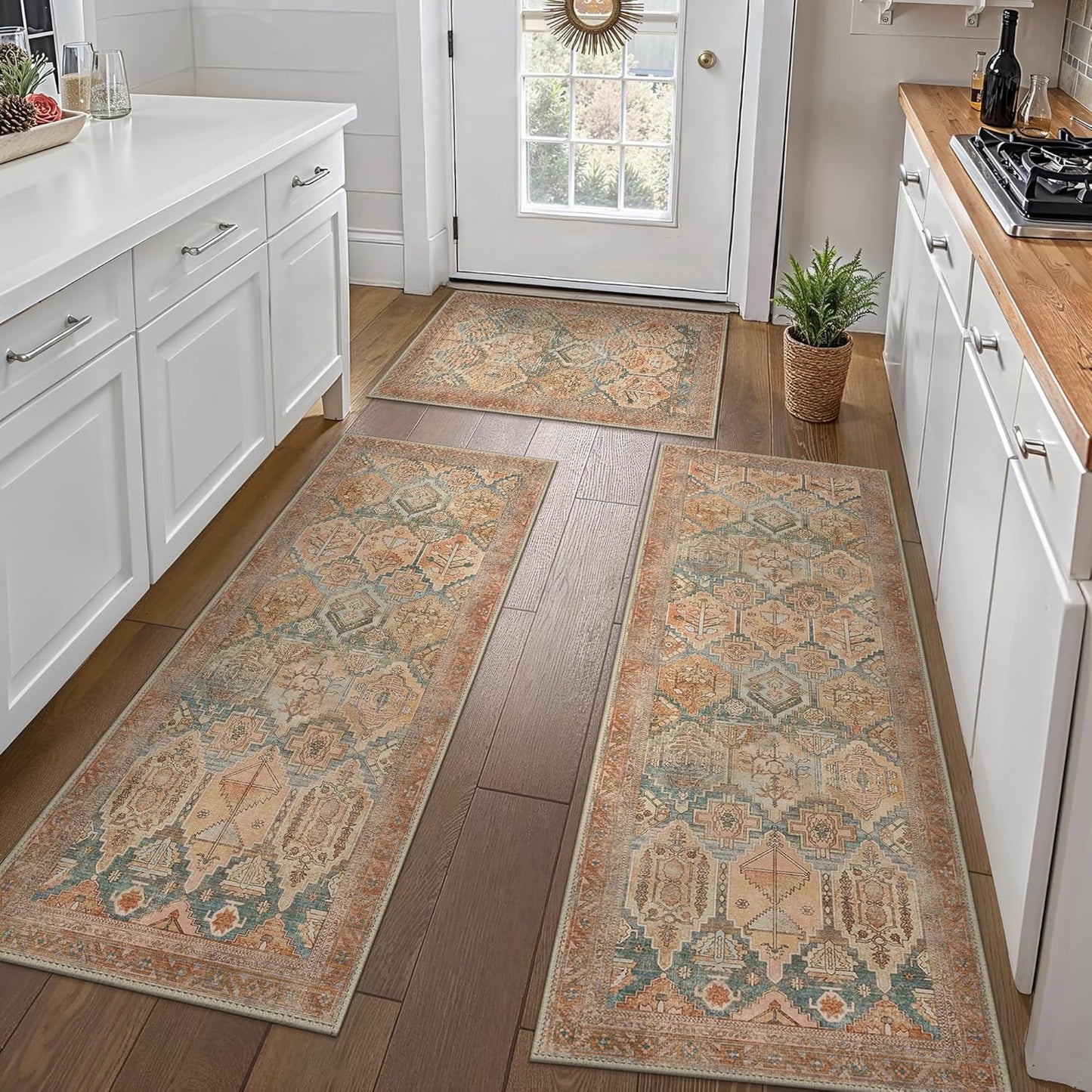 GENIMO Kitchen Mats for Floor Set of 3 Non-Slip Washable, Waterproof Lightweight Kitchen Rugs, Kitchen Floor Mat Runner Rug Carpet for Laundry, Sink, Hallway, Bathroom, Entryway, Brown Green