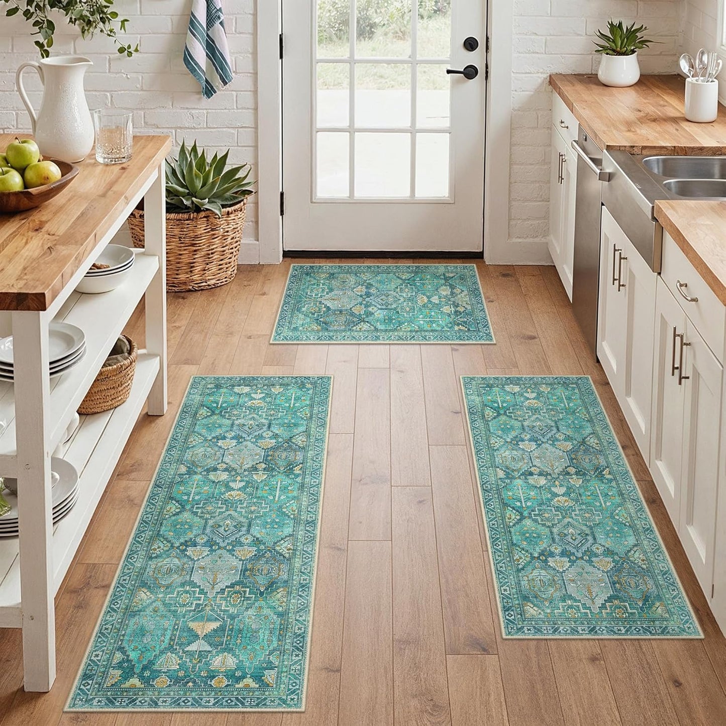 GENIMO Kitchen Mats for Floor Set of 3 Non-Slip Washable, Waterproof Lightweight Kitchen Rugs, Kitchen Floor Mat Runner Rug Carpet for Laundry, Sink, Hallway, Bathroom, Entryway, Brown Green