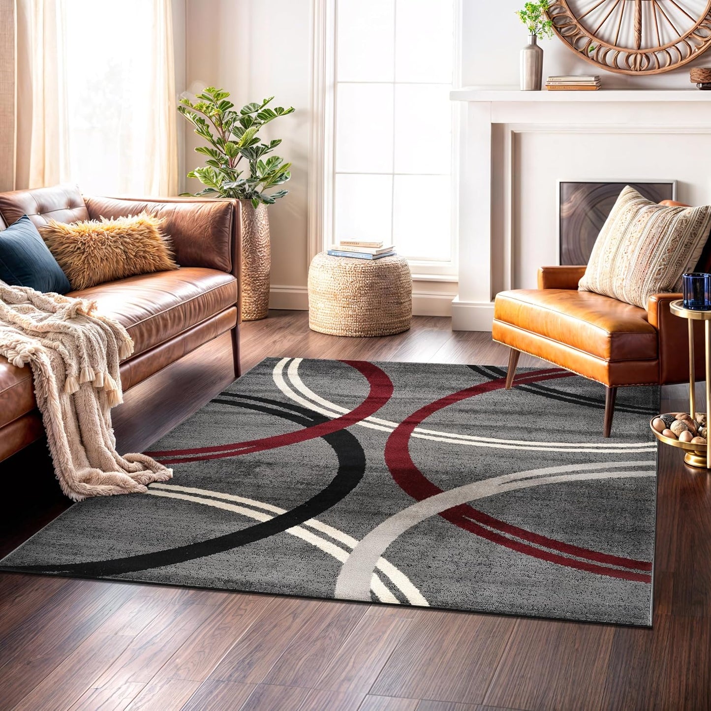 Rugshop Wavy Circles Design Area Rug, Fade-Resistant Carpet for Living Room, Dining Room, or Bedroom, Gray, 5'3" x 7'3"