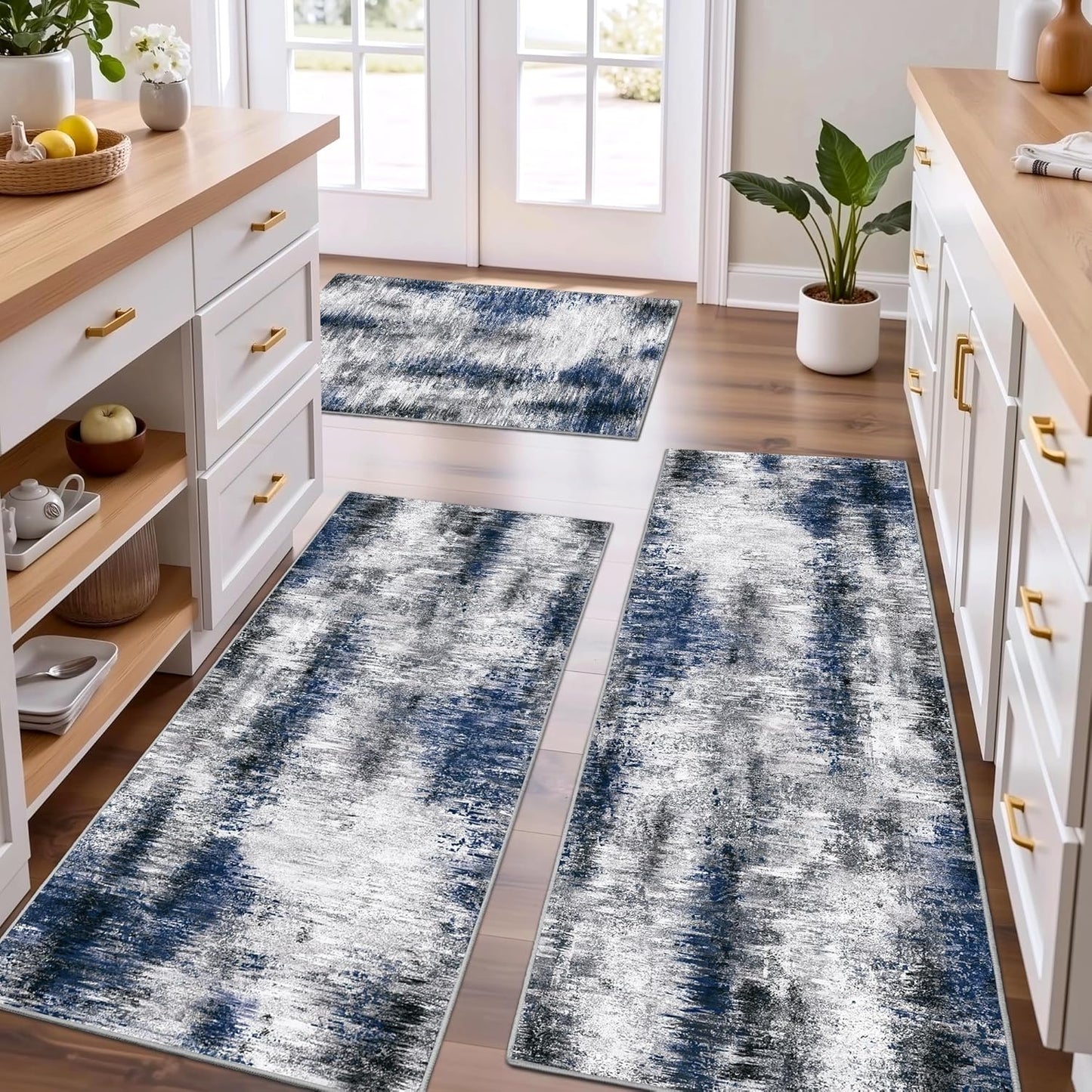 Tritard 100% Non Slip Kitchen Rugs Sets of 3 Washable Kitchen Mats for Floor Abstract Kitchen Runner Rug Soft Thick Floor Mat Set Kitchen Carpet Rugs for Hallway, Laundry, Entryway, Office, Grey