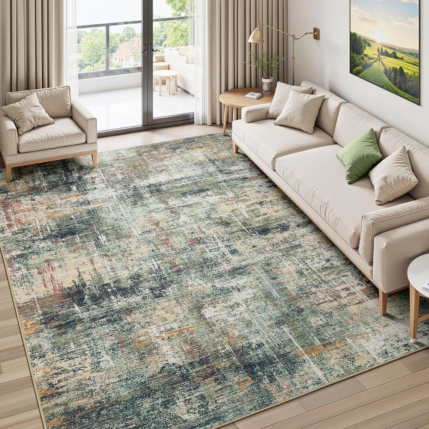 Lofus 8x10 Area Rug for Living Room, Gold Abstract Large Rugs with Non-Slip Backing, Neutral Modern Washable Carpet for Bedroom Dining Room Home Office Nursery Indoor