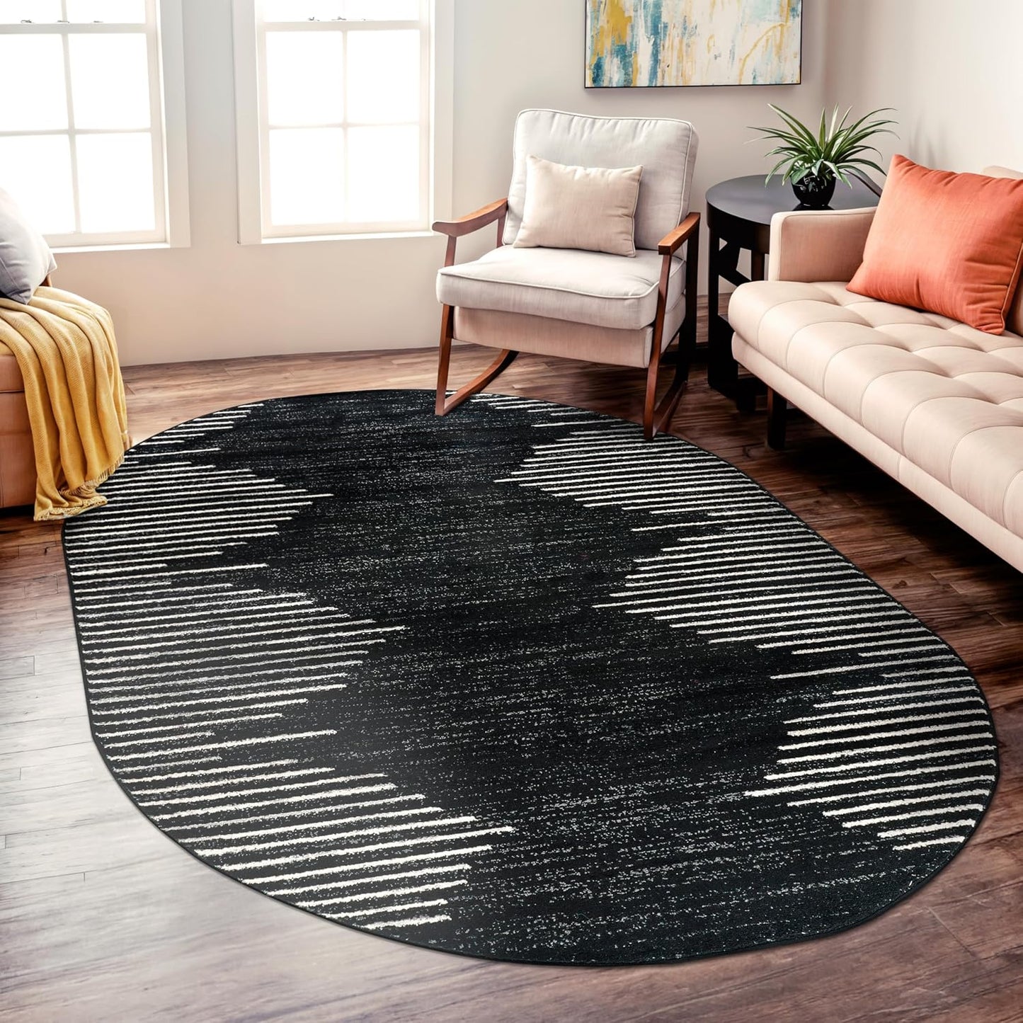 Rugshop Bohemian Stripe Stain Resistant High Traffic Living Room Kitchen Bedroom Dining Home Office Area Rug 5' x 7' Black