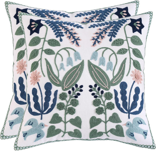 Tosleo Flower Embroidered Throw Pillow Covers 18x18 inch Pack of 2 Green Leaves with Birds Floral Pillowcases Farmhouse Decorative Coastal Pillow Cushion Cases Square Navy Blue Flower Pillow Case