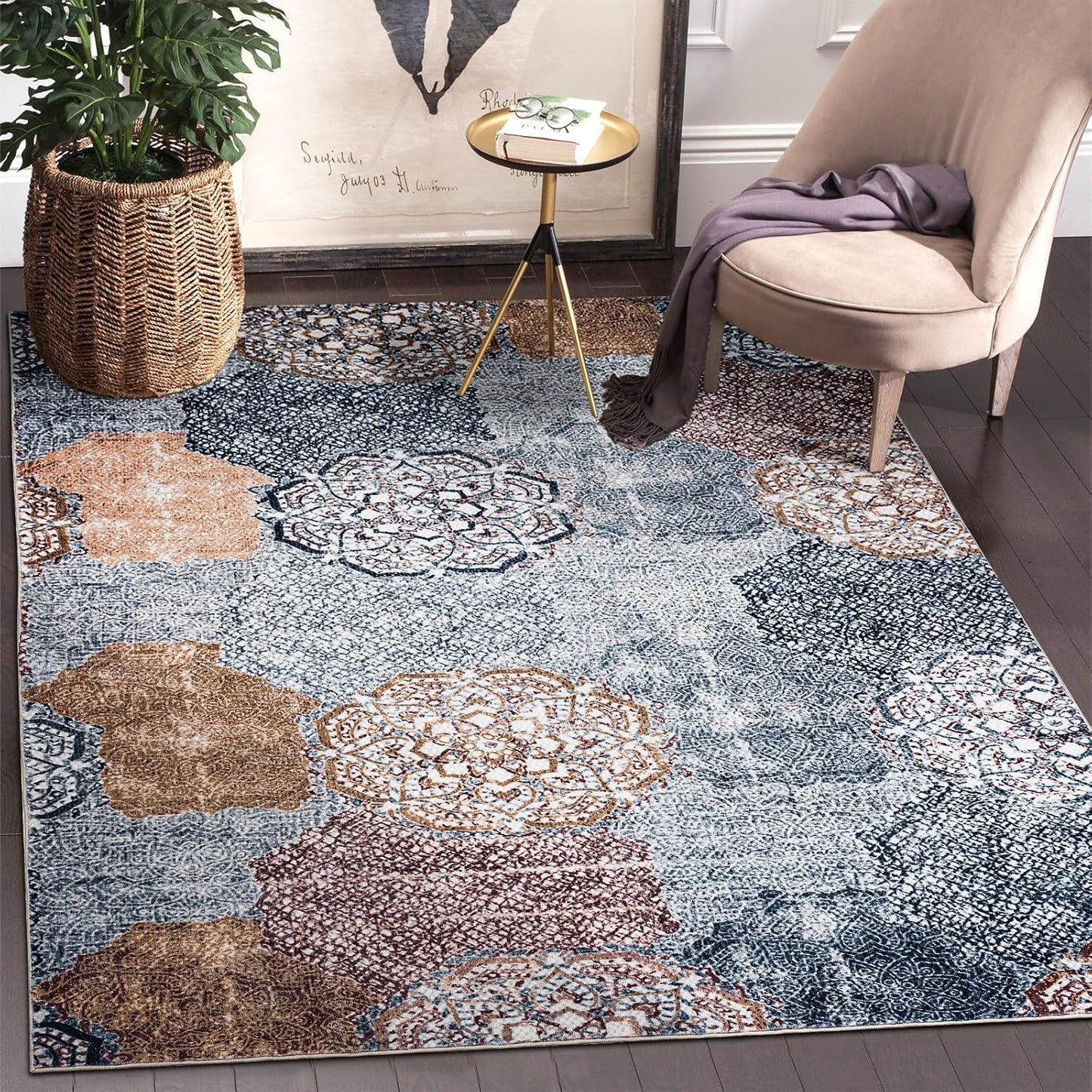 Area Rug 5×7, Vintage Boho Rug,Ultra-Soft Low Pile, Washable, Non Slip,Stain Resistant Printed Carpet for Living Room Bedrooms Playroom Office Kitchen, Light Blue