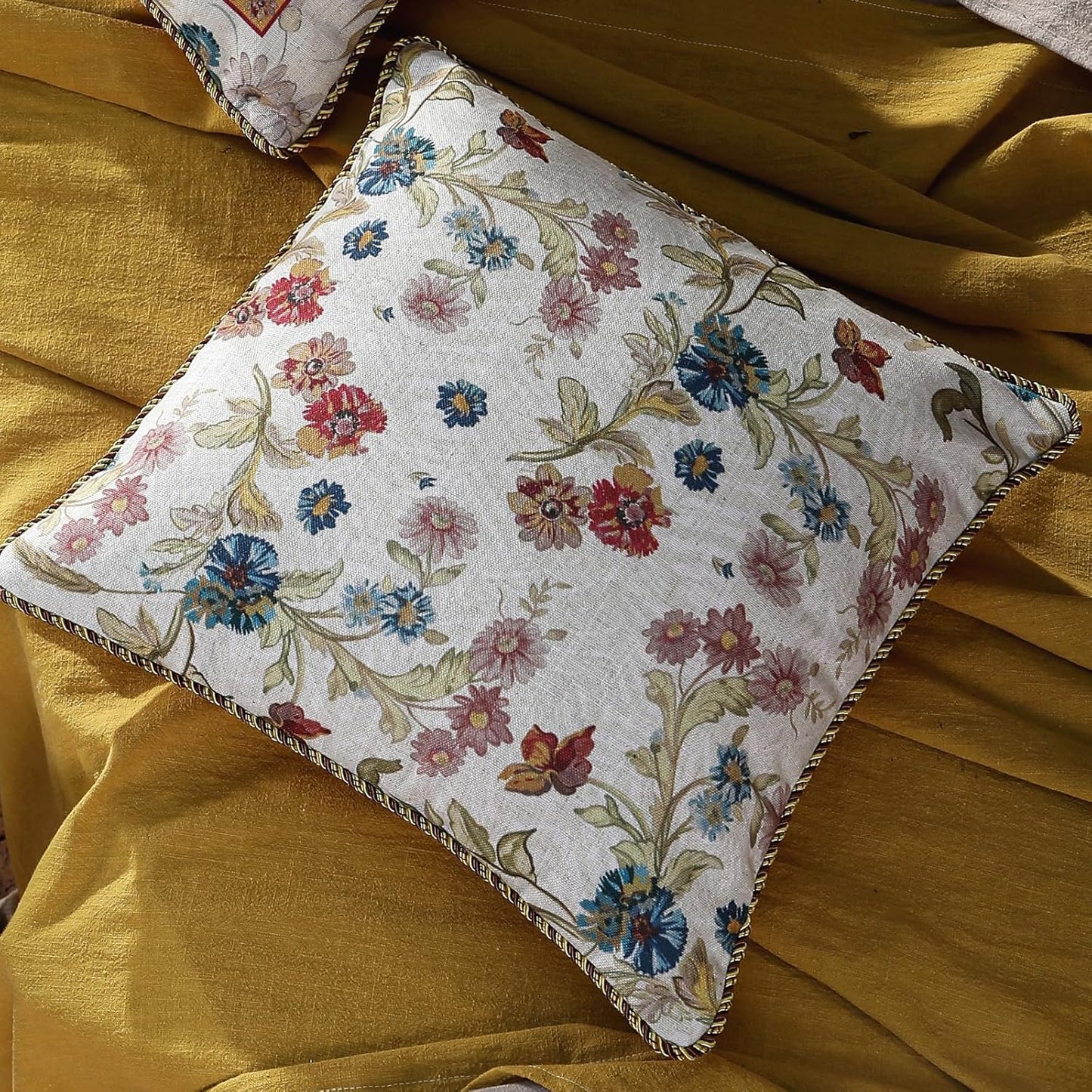 patdrea Designer Pack of 2 Square Throw Pillow Covers,Farmhouse Pink and Yellow Linen with Floral Pattern Pillows Cover,Decorative Pillowcases Cushion for Bed Living Room Outdoor Car,18"x18"