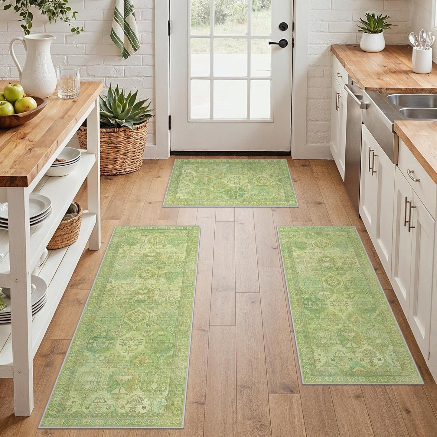 GENIMO Kitchen Mats for Floor Set of 3 Non-Slip Washable, Waterproof Lightweight Kitchen Rugs, Kitchen Floor Mat Runner Rug Carpet for Laundry, Sink, Hallway, Bathroom, Entryway, Brown Green