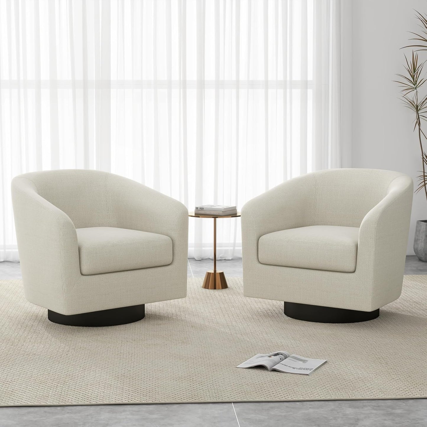 UIXE Swivel Barrel Accent Chairs Set of 2, Modern Round Club Arm Chair Upholstered Living Room Armchair, Single Sofa Seating Bedroom Side Reading Seat in Fabric for Home Office (Beige)