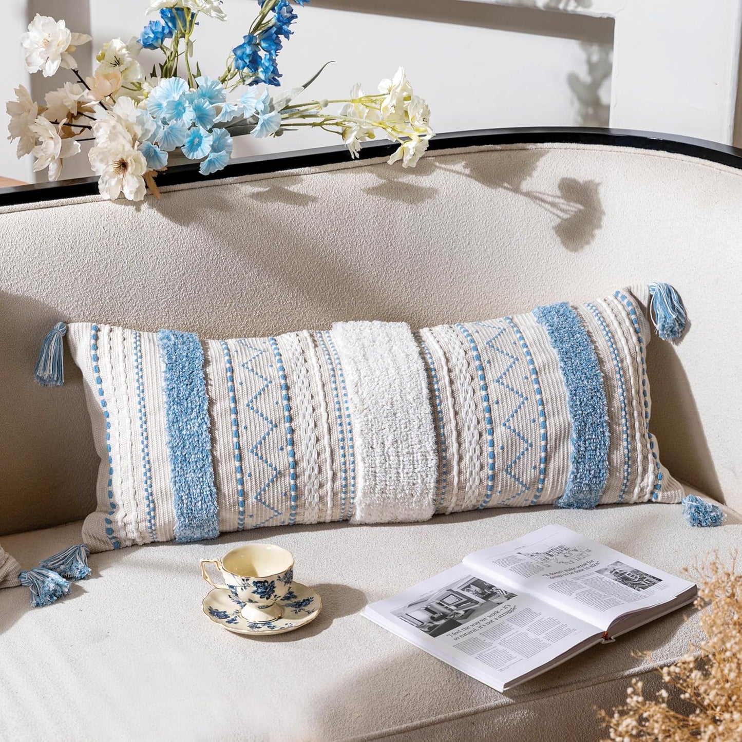 Decorative Throw Pillow Cover 20x20 Square Cream Neutral White Boho Accent Pillowcase Tassels Farmhouse Cushion for Couch Sofa Bedroom Living Room Home Décor (Cover ONLY, Pack of 1)