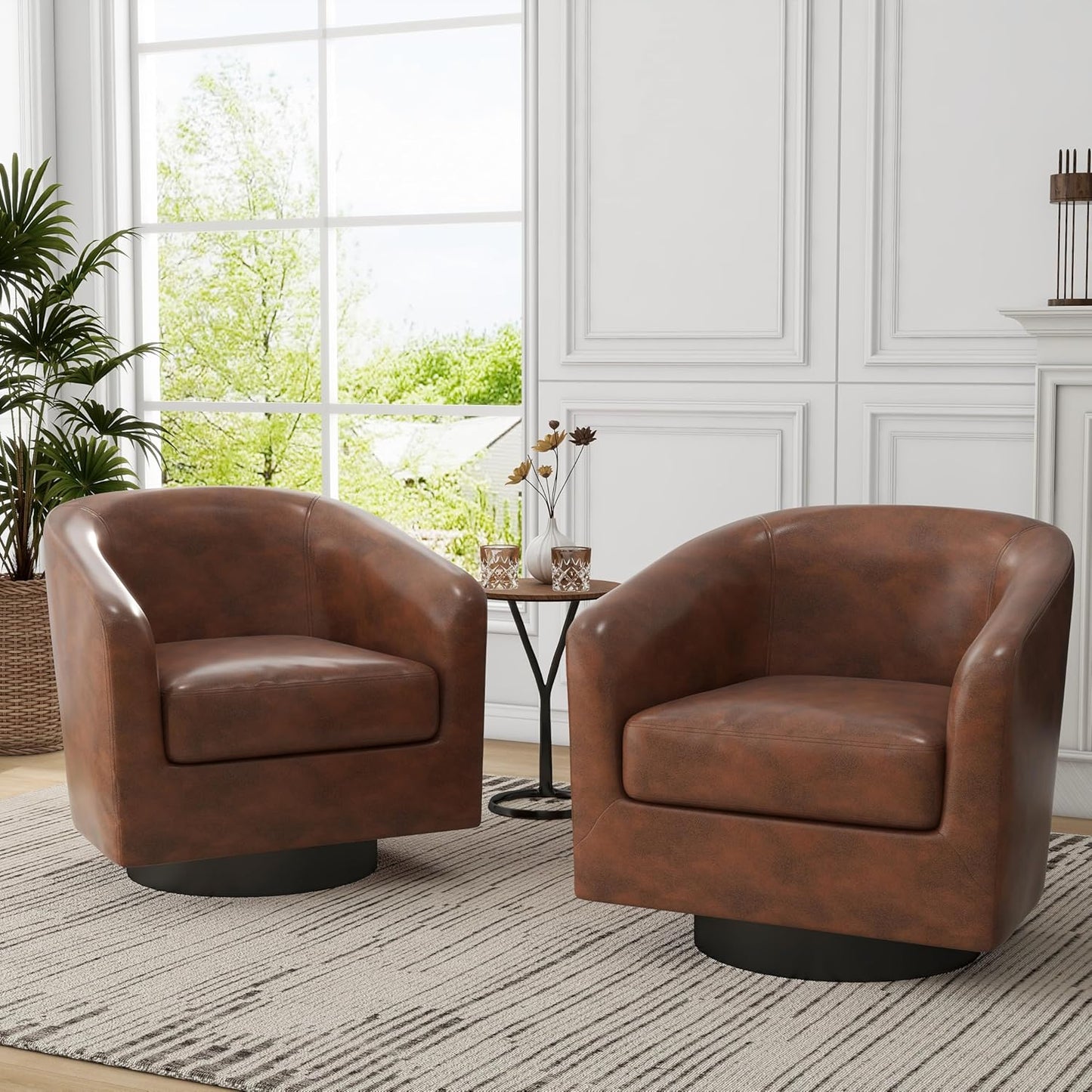 UIXE Swivel Accent Chairs Set of 2, Corduroy Barrel Club Chair Upholstered Armchair for Living Room, Round Arm Chair Bedroom Single Sofa Reading Seat - Camel