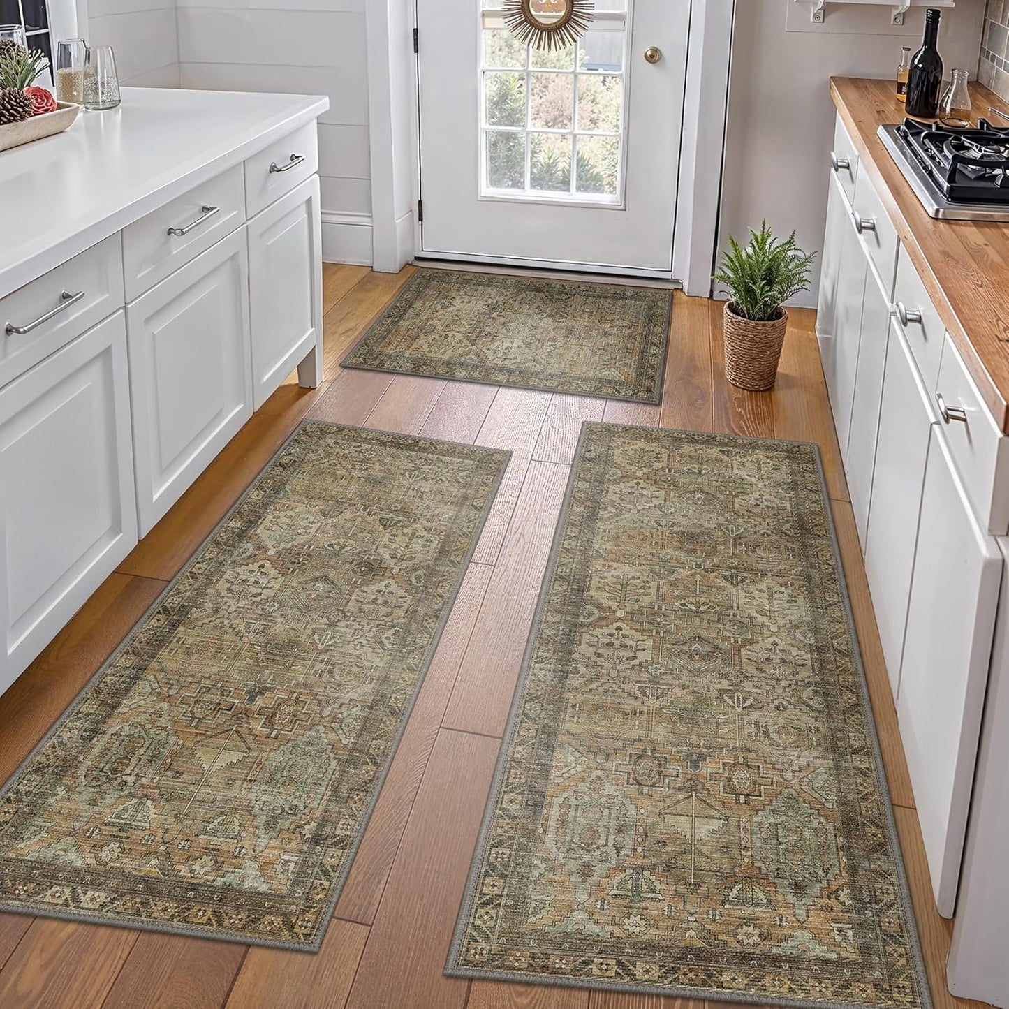 GENIMO Kitchen Mats for Floor Set of 3 Non-Slip Washable, Waterproof Lightweight Kitchen Rugs, Kitchen Floor Mat Runner Rug Carpet for Laundry, Sink, Hallway, Bathroom, Entryway, Brown Green