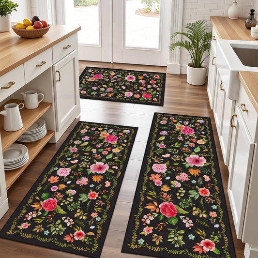 Floral Kitchen Rugs Non-Slip Washable Kitchen Mat 3 Piece Set Vintage Boho Carpet Floor Mats for Hallway, Bathroom, Laundry, Black