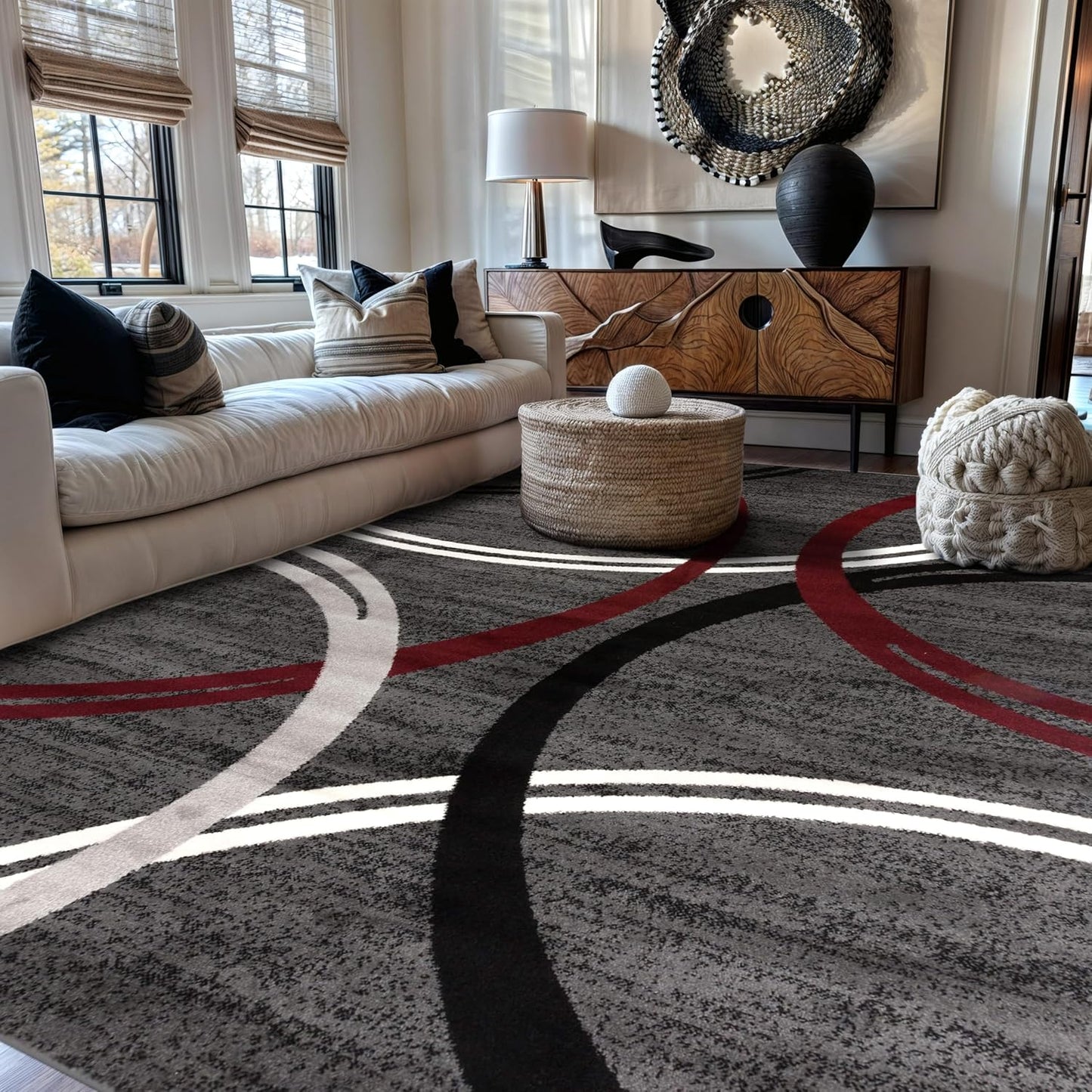 Rugshop Wavy Circles Design Area Rug, Fade-Resistant Carpet for Living Room, Dining Room, or Bedroom, Gray, 5'3" x 7'3"