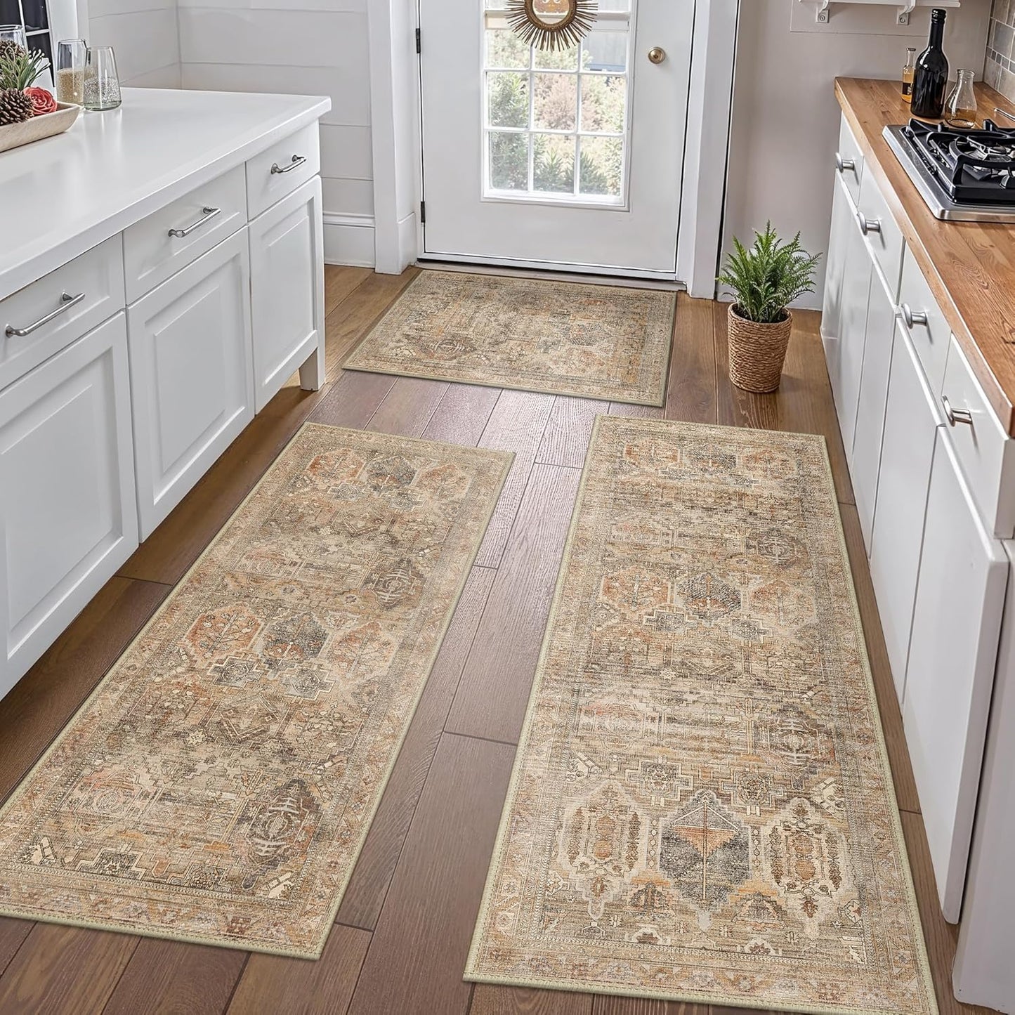 GENIMO Kitchen Mats for Floor Set of 3 Non-Slip Washable, Waterproof Lightweight Kitchen Rugs, Kitchen Floor Mat Runner Rug Carpet for Laundry, Sink, Hallway, Bathroom, Entryway, Brown Green