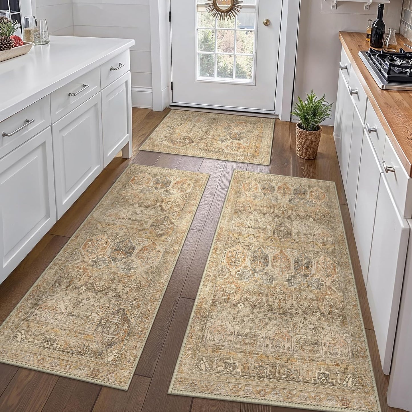 GENIMO Kitchen Mats for Floor Set of 3 Non-Slip Washable, Waterproof Lightweight Kitchen Rugs, Kitchen Floor Mat Runner Rug Carpet for Laundry, Sink, Hallway, Bathroom, Entryway, Brown Green