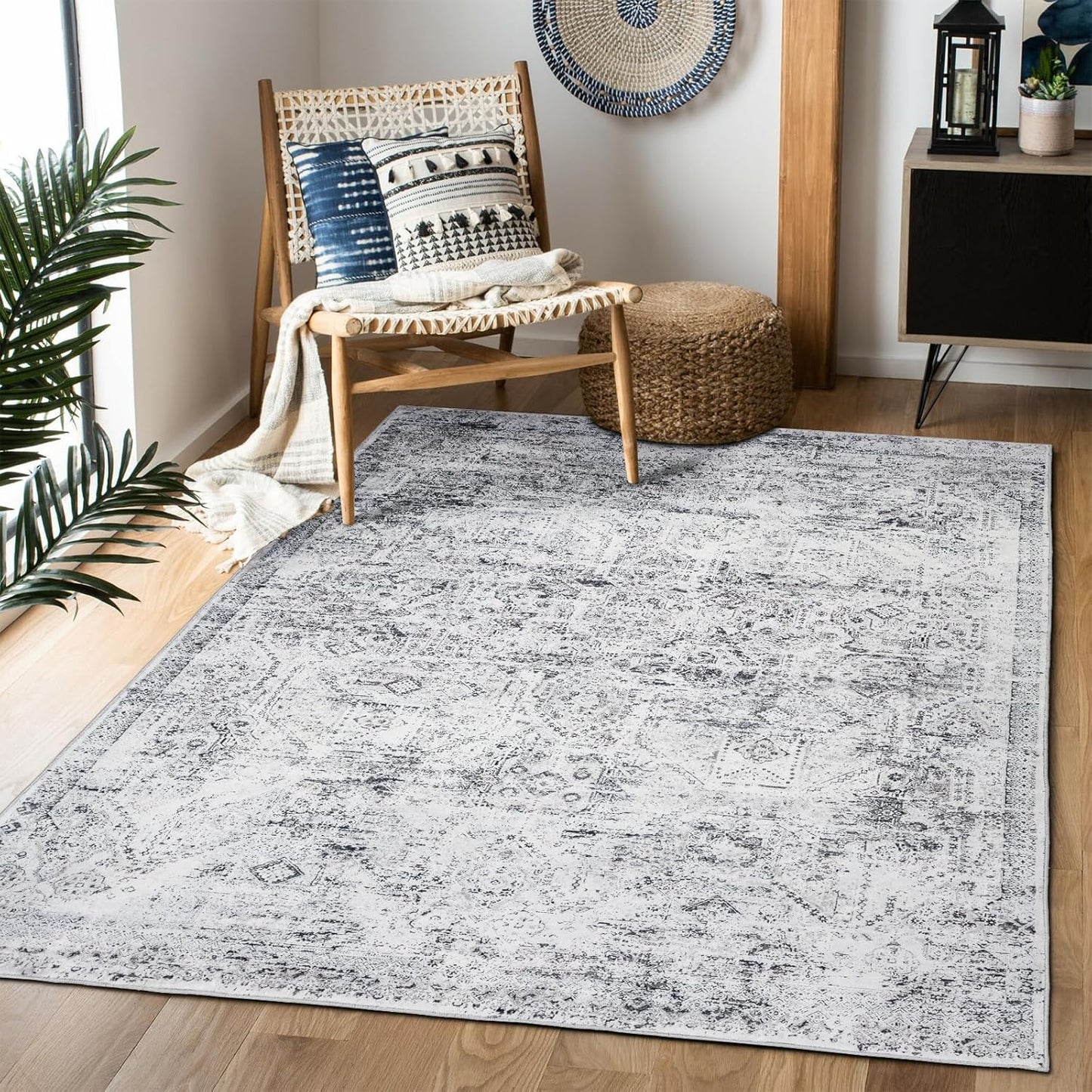 Area Rug 5×7, Vintage Boho Rug,Ultra-Soft Low Pile, Washable, Non Slip,Stain Resistant Printed Carpet for Living Room Bedrooms Playroom Office Kitchen, Light Blue