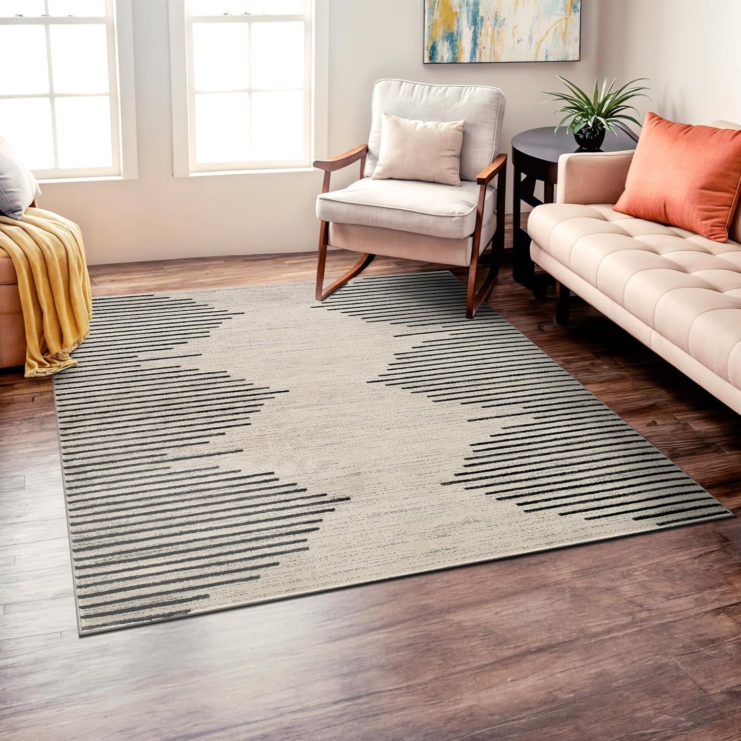 Rugshop Bohemian Stripe Stain Resistant High Traffic Living Room Kitchen Bedroom Dining Home Office Area Rug 5' x 7' Black