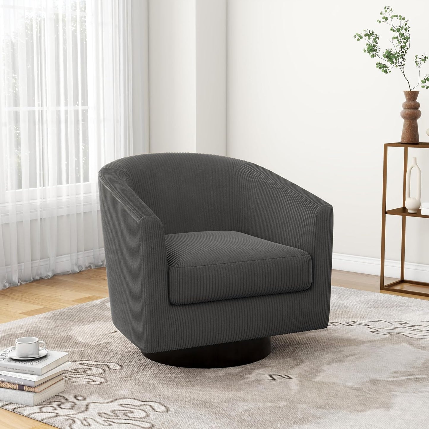 UIXE Swivel Accent Chairs Set of 2, Corduroy Barrel Club Chair Upholstered Armchair for Living Room, Round Arm Chair Bedroom Single Sofa Reading Seat - Camel