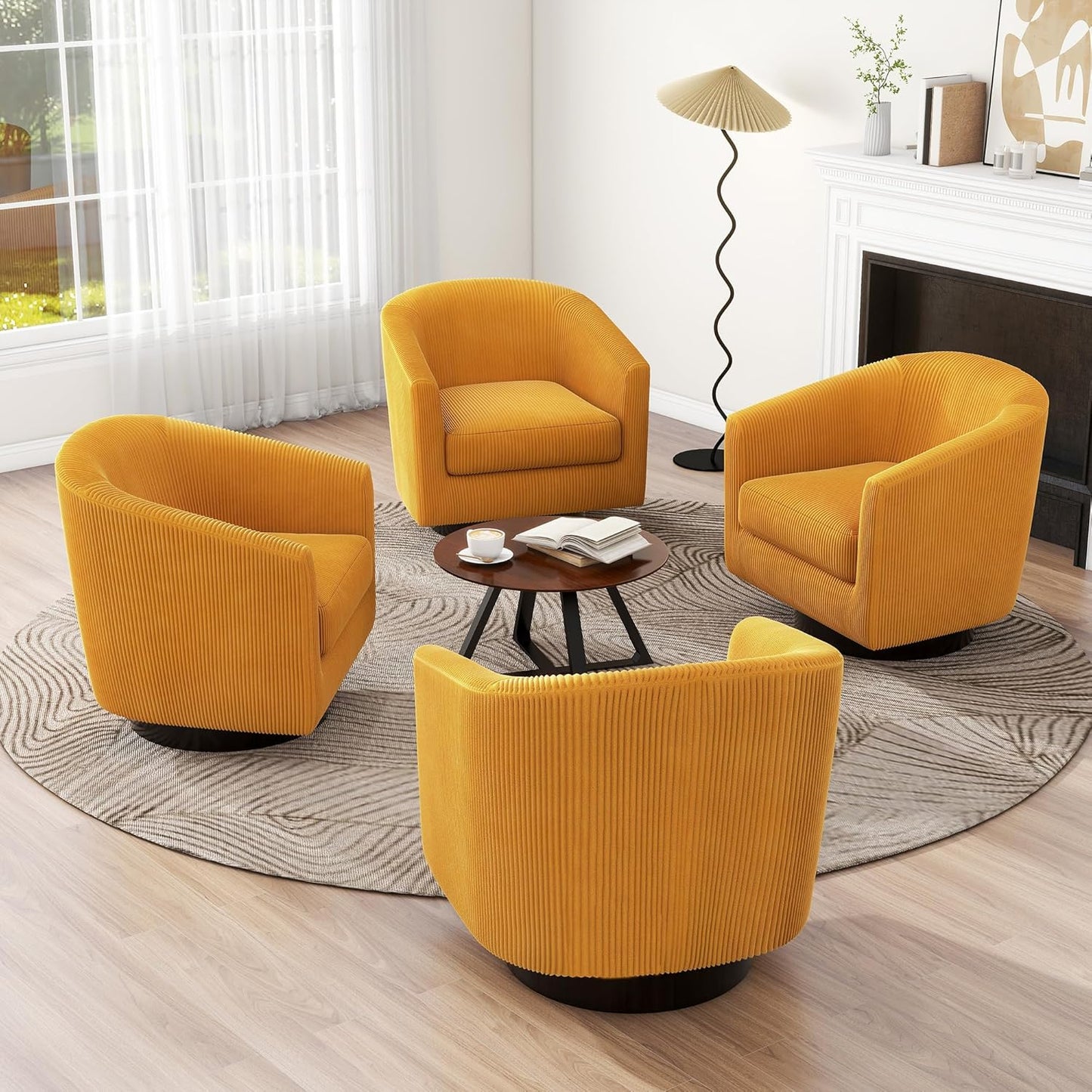 UIXE Swivel Accent Chairs Set of 2, Corduroy Barrel Club Chair Upholstered Armchair for Living Room, Round Arm Chair Bedroom Single Sofa Reading Seat - Camel