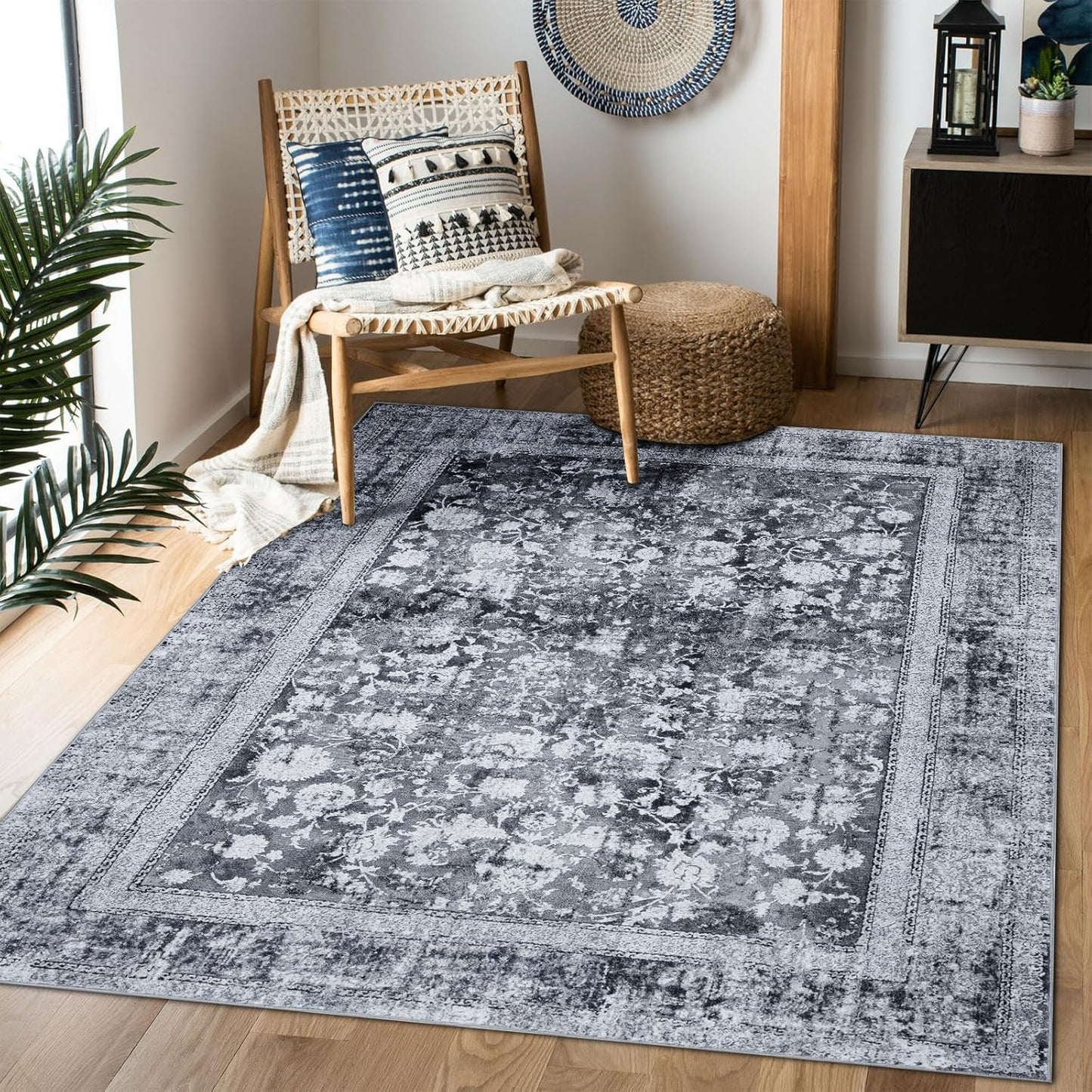 Area Rug 5×7, Vintage Boho Rug,Ultra-Soft Low Pile, Washable, Non Slip,Stain Resistant Printed Carpet for Living Room Bedrooms Playroom Office Kitchen, Light Blue
