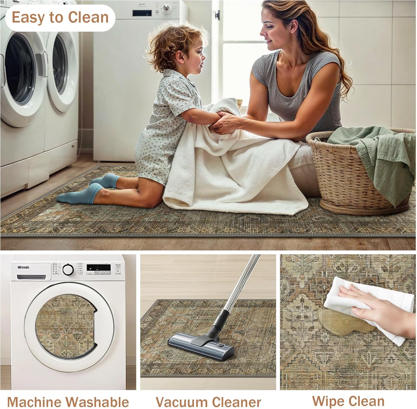 GENIMO Kitchen Mats for Floor Set of 3 Non-Slip Washable, Waterproof Lightweight Kitchen Rugs, Kitchen Floor Mat Runner Rug Carpet for Laundry, Sink, Hallway, Bathroom, Entryway, Brown Green