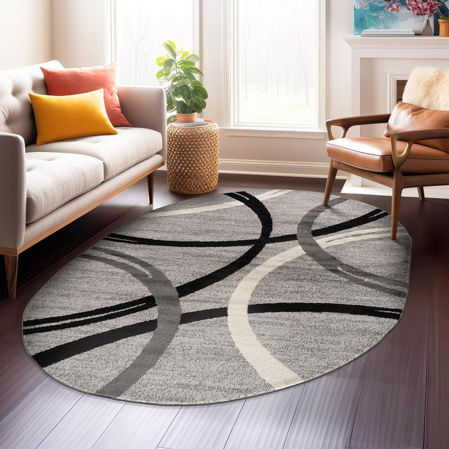 Rugshop Wavy Circles Design Area Rug, Fade-Resistant Carpet for Living Room, Dining Room, or Bedroom, Gray, 5'3" x 7'3"