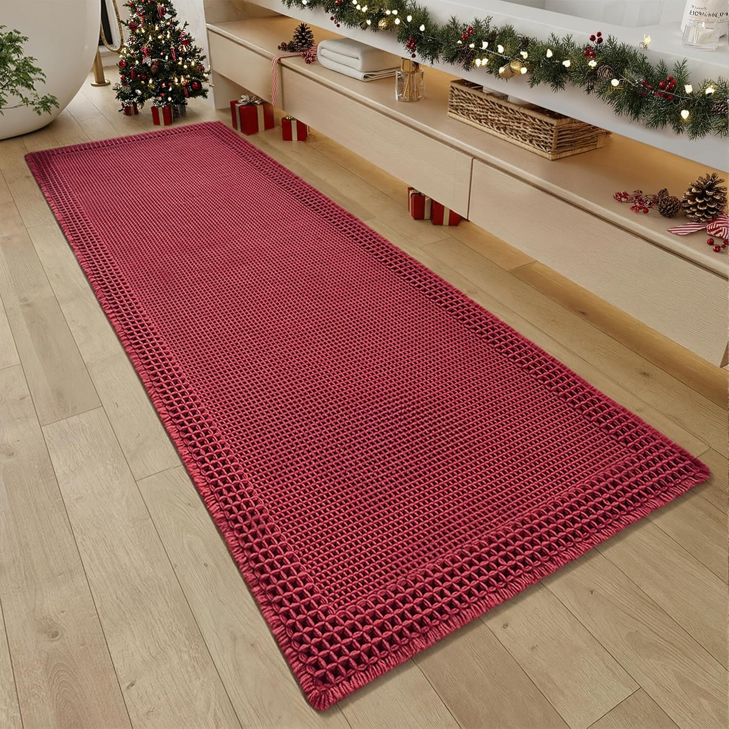 RESARE Waffle Bathroom Runner Rugs, Super Absorbent Bath Mat Non Slip Washable Quick Dry, Upgraded Ultra Soft Boho Bath Rugs with Tassels for Hallway Bedroom Laundry Room, 2'x6'(24"x72"), Brown