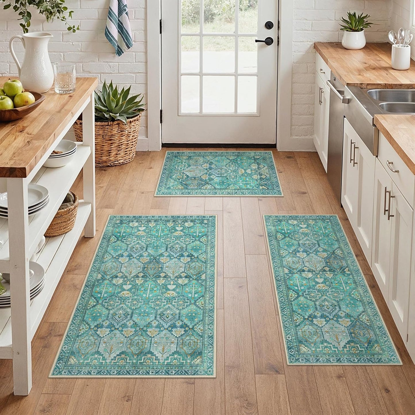 GENIMO Kitchen Mats for Floor Set of 3 Non-Slip Washable, Waterproof Lightweight Kitchen Rugs, Kitchen Floor Mat Runner Rug Carpet for Laundry, Sink, Hallway, Bathroom, Entryway, Brown Green