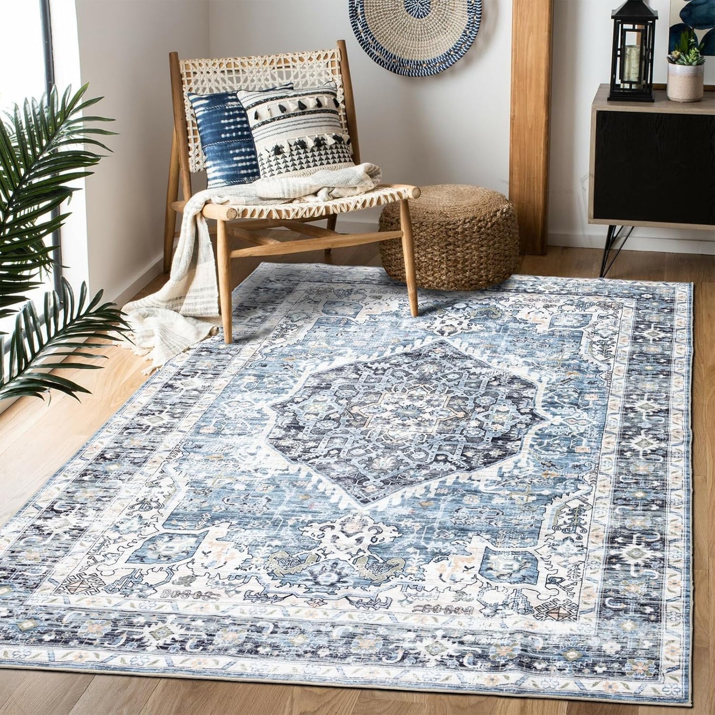 Area Rug 5×7, Vintage Boho Rug,Ultra-Soft Low Pile, Washable, Non Slip,Stain Resistant Printed Carpet for Living Room Bedrooms Playroom Office Kitchen, Light Blue