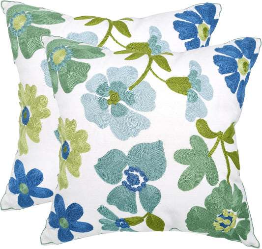 Embroidered Throw Pillow Covers, Pack of 2 Blue Flowers Patterned Pillowcases for Couch Sofa Bedroom, Decorative Pillow Covers 18x18 inch(Blue Flowers)