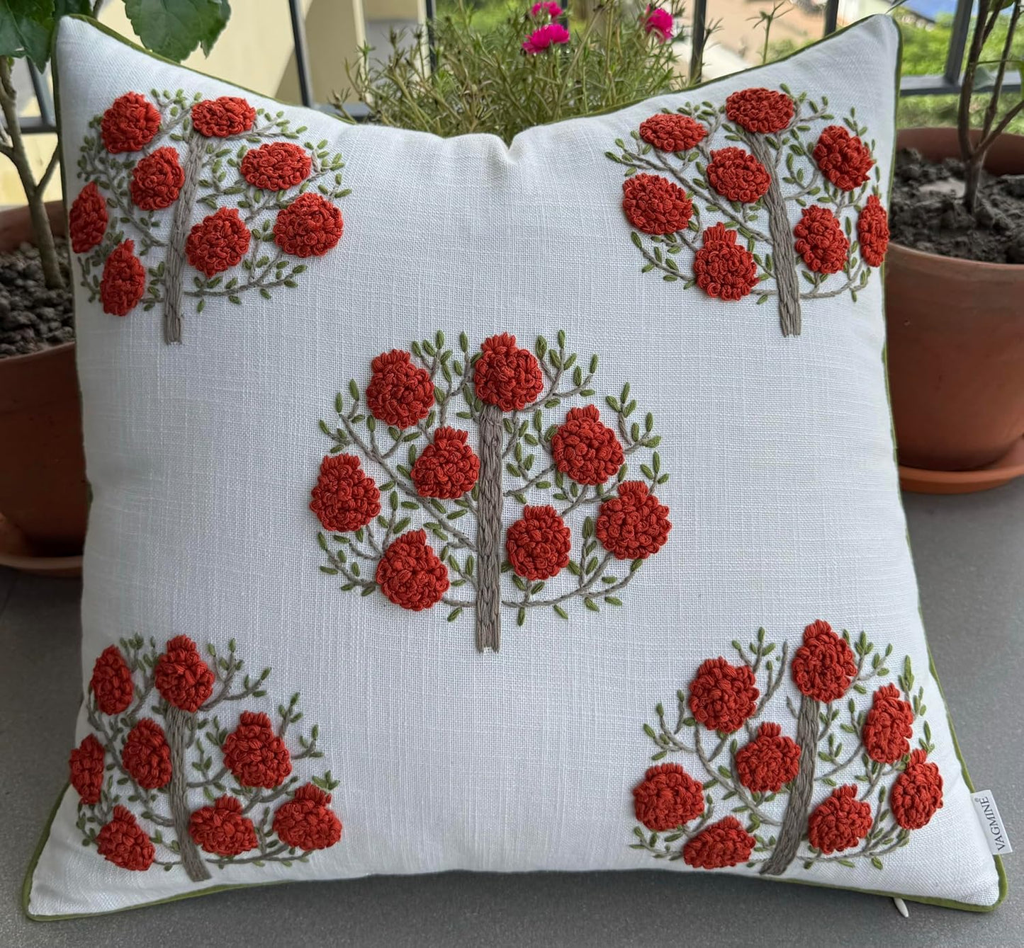 Hand Embroidered Gomet Flower Decorative Square Accent Throw Pillow Cover - Pillowcase for Living Room Sofa, Couch, Bedroom - Chair Cushion Cover - 20x20, Ivory