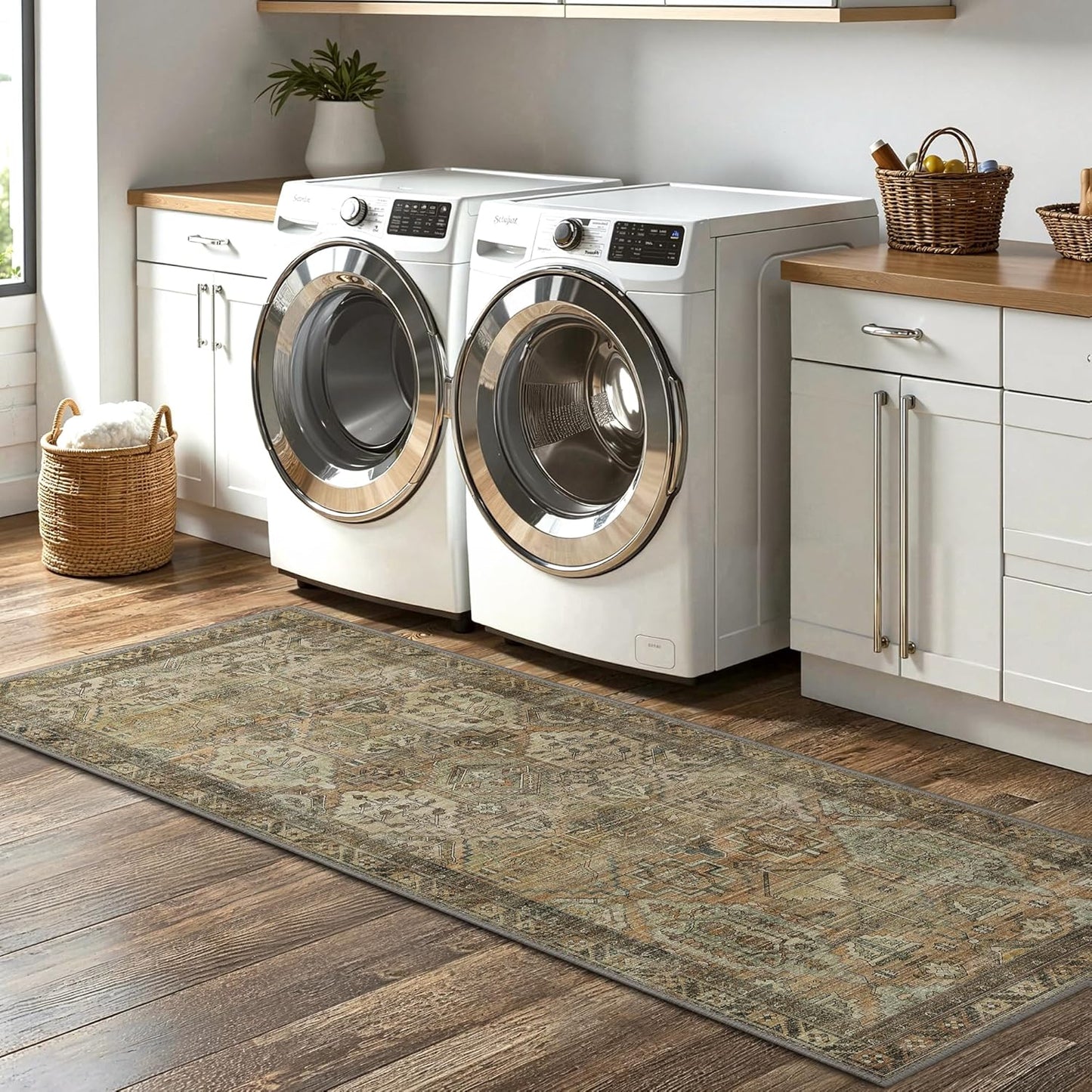 GENIMO Kitchen Mats for Floor Set of 3 Non-Slip Washable, Waterproof Lightweight Kitchen Rugs, Kitchen Floor Mat Runner Rug Carpet for Laundry, Sink, Hallway, Bathroom, Entryway, Brown Green