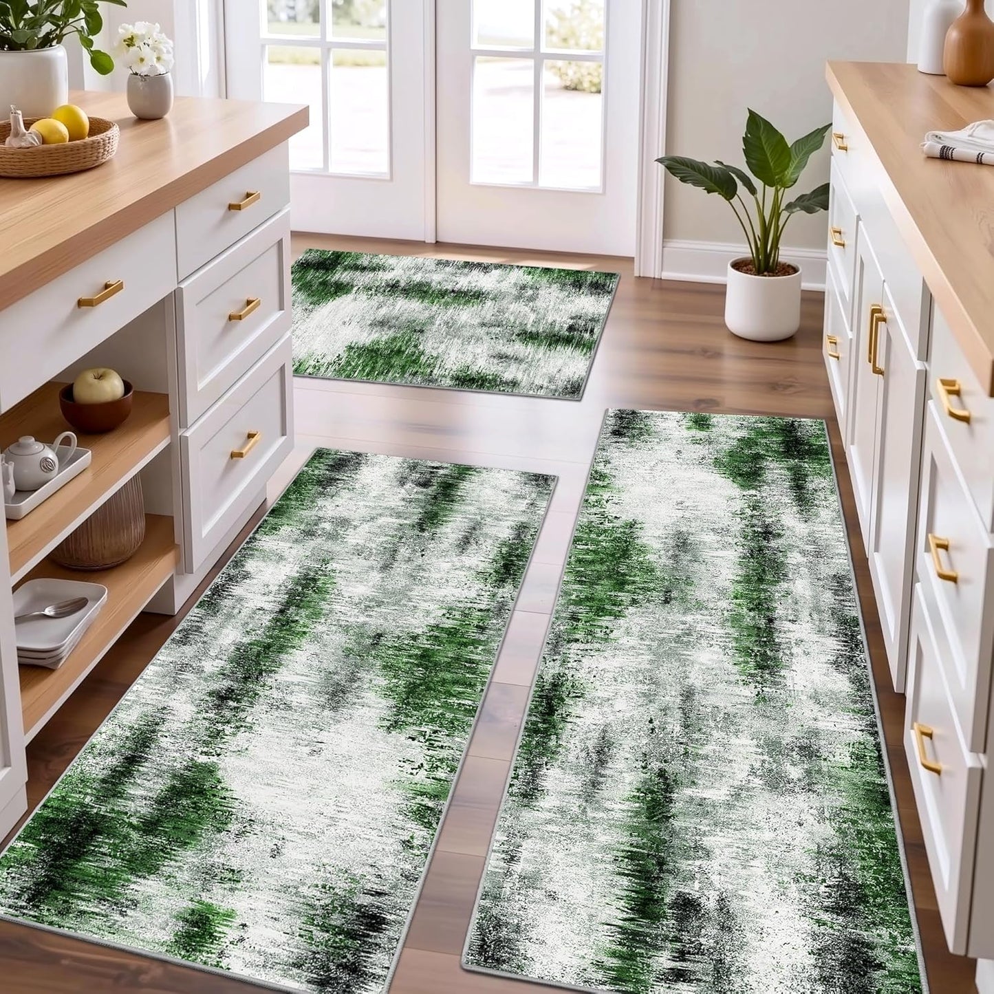 Tritard 100% Non Slip Kitchen Rugs Sets of 3 Washable Kitchen Mats for Floor Abstract Kitchen Runner Rug Soft Thick Floor Mat Set Kitchen Carpet Rugs for Hallway, Laundry, Entryway, Office, Grey