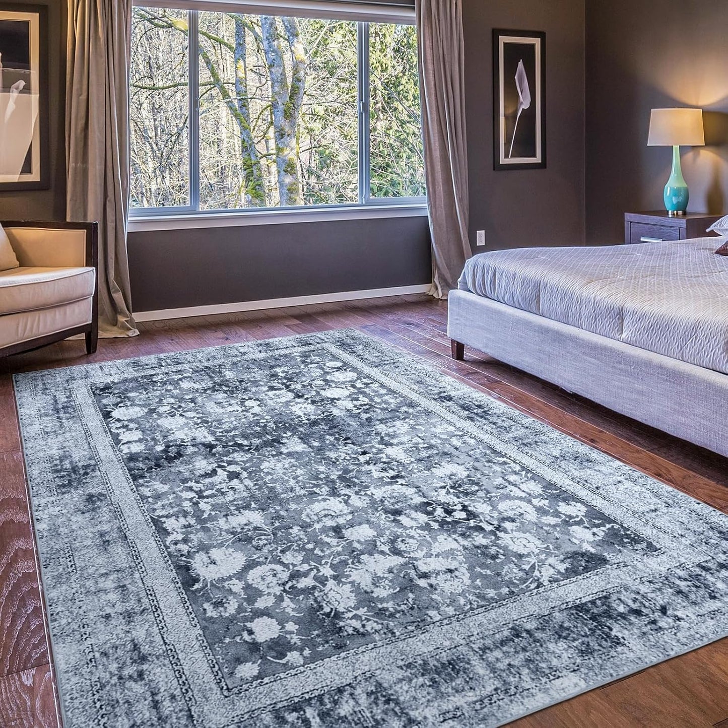 Area Rug 5×7, Vintage Boho Rug,Ultra-Soft Low Pile, Washable, Non Slip,Stain Resistant Printed Carpet for Living Room Bedrooms Playroom Office Kitchen, Light Blue