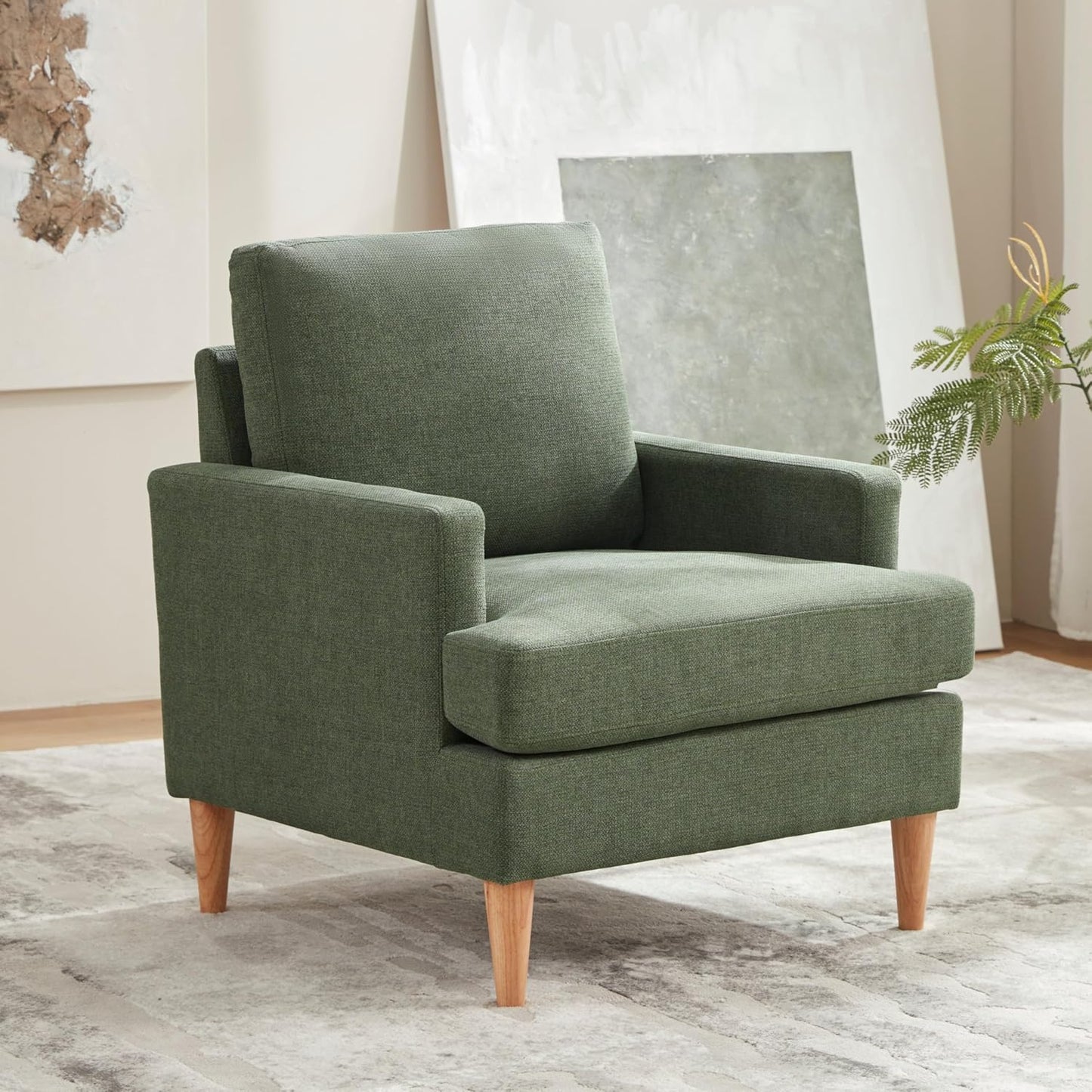 VKNOW Mid-Century Accent Chair, Modern Upholstered Chenille Armchair for Living Room,Comfy Reading Accent Chairs with Wood Legs for Bedroom, Beige