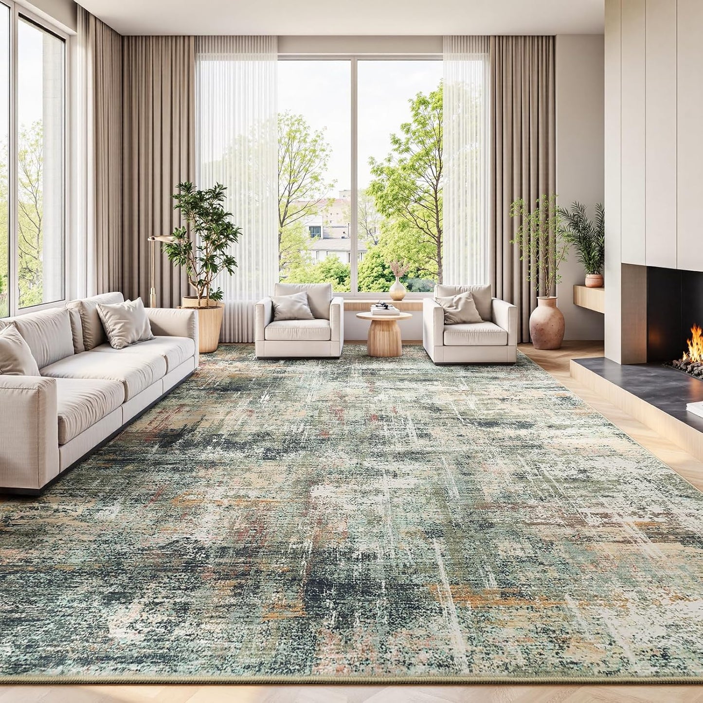 Lofus 8x10 Area Rug for Living Room, Gold Abstract Large Rugs with Non-Slip Backing, Neutral Modern Washable Carpet for Bedroom Dining Room Home Office Nursery Indoor