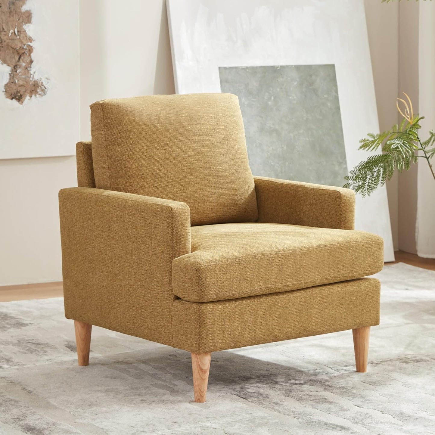 VKNOW Mid-Century Accent Chair, Modern Upholstered Chenille Armchair for Living Room,Comfy Reading Accent Chairs with Wood Legs for Bedroom, Beige