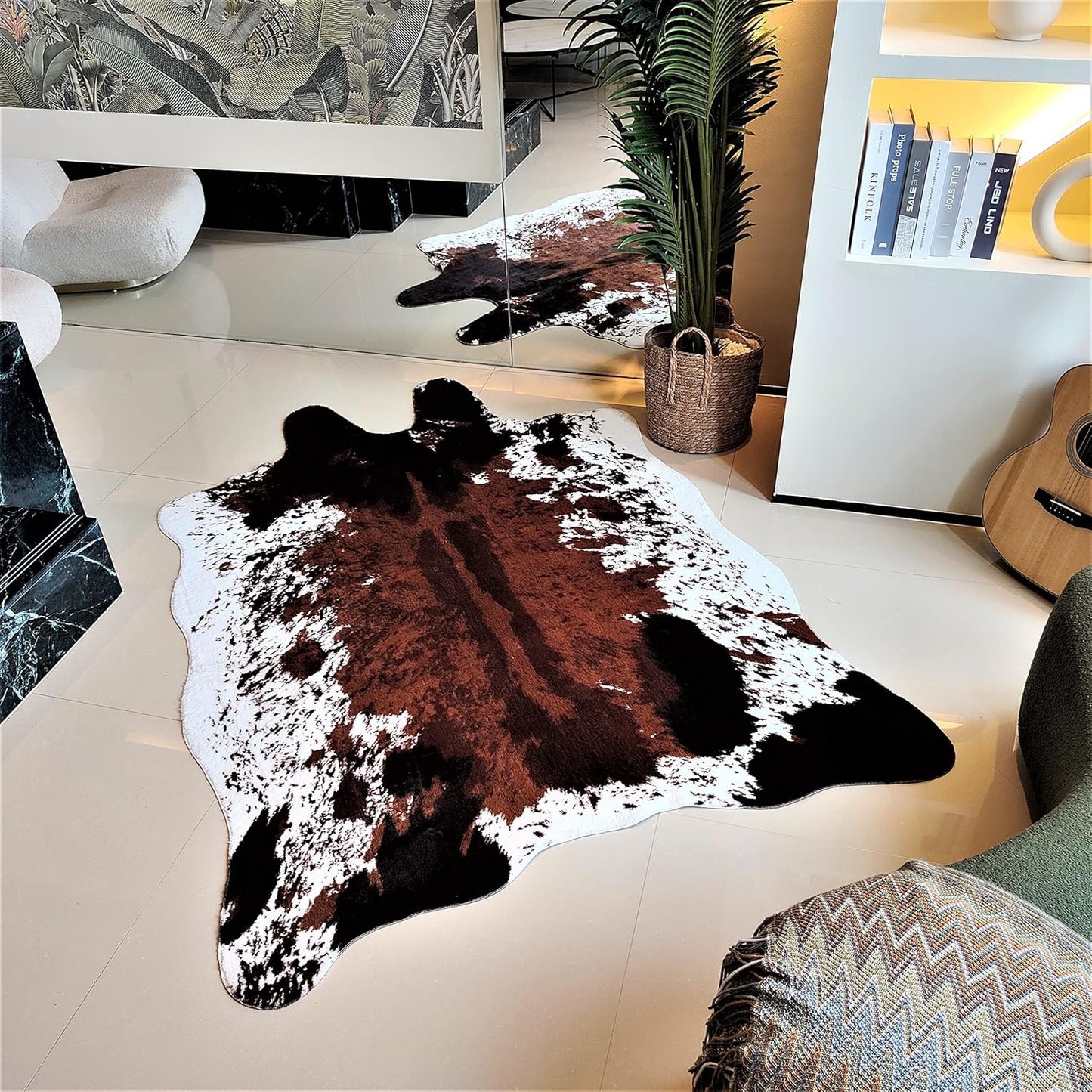 JACCAWS Faux Cowhide Rug Large (6.2ft x 8.2ft),Natural Pattern Tricolor Cow Print Rug,Bedroom Living Room Animal Hide Rugs Carpet with Non-Slip Backing. (Brown-Black-White, 6.2ft x 8.2ft)