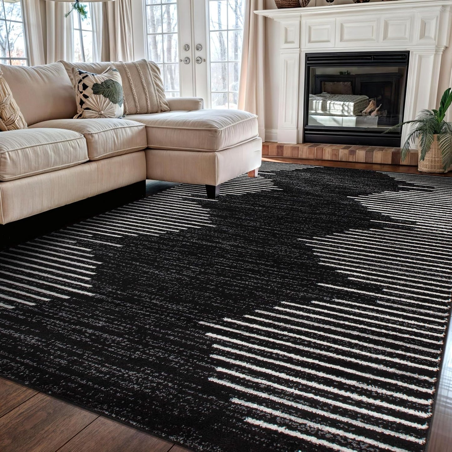 Rugshop Bohemian Stripe Stain Resistant High Traffic Living Room Kitchen Bedroom Dining Home Office Area Rug 5' x 7' Black