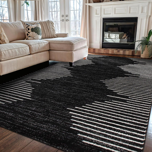 Rugshop Bohemian Stripe Stain Resistant High Traffic Living Room Kitchen Bedroom Dining Home Office Area Rug 5' x 7' Black